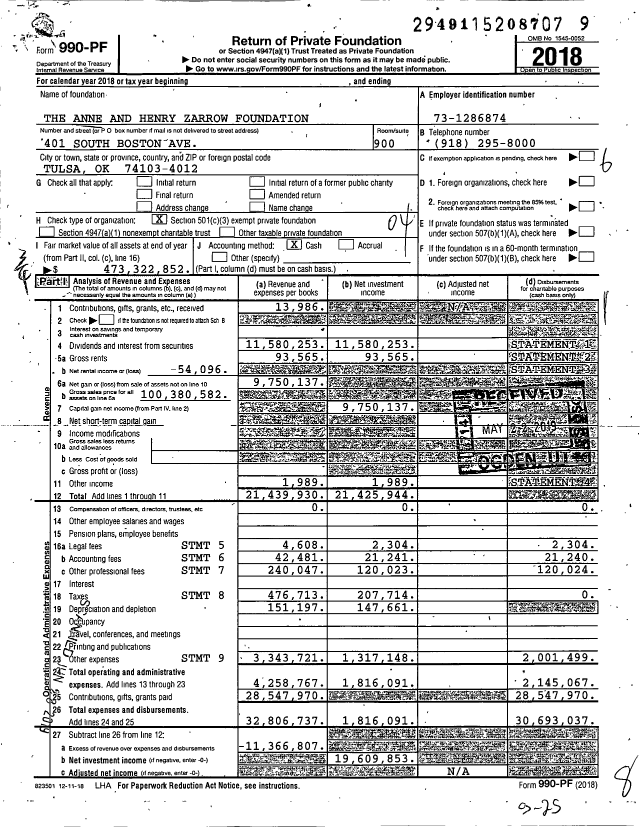 Image of first page of 2018 Form 990PF for The Anne and Henry Zarrow Foundation