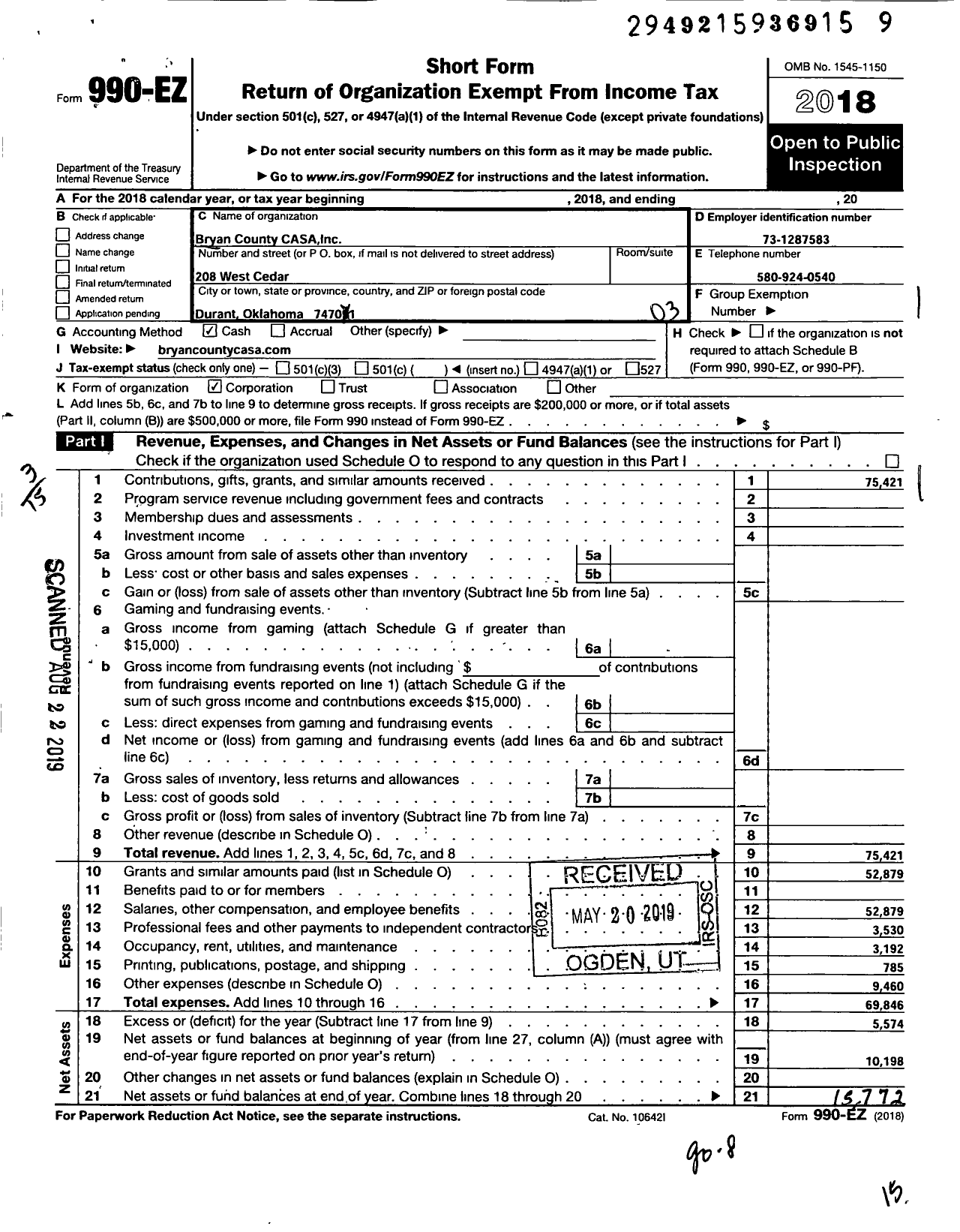 Image of first page of 2018 Form 990EZ for Bryan County Casa