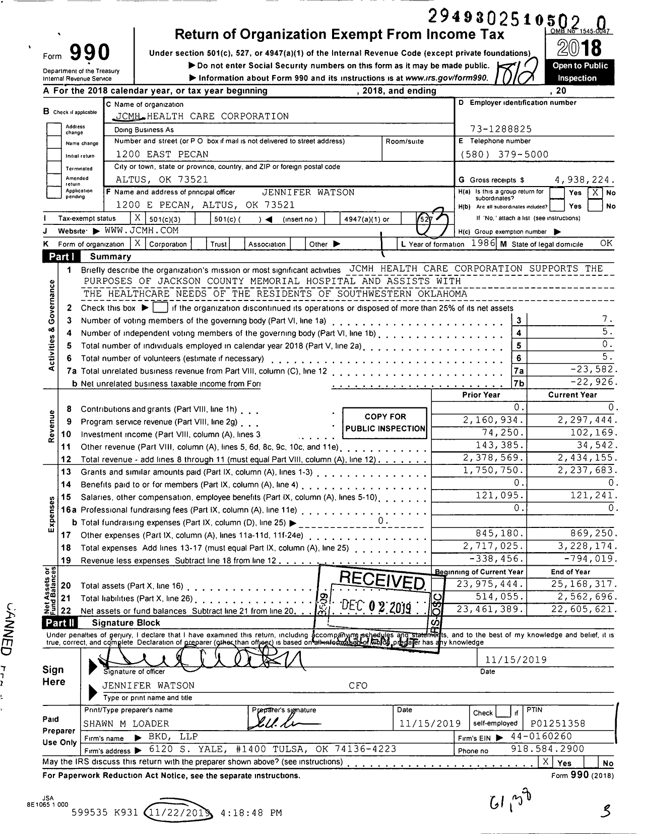 Image of first page of 2018 Form 990 for Jackson County Memorial Hospital.