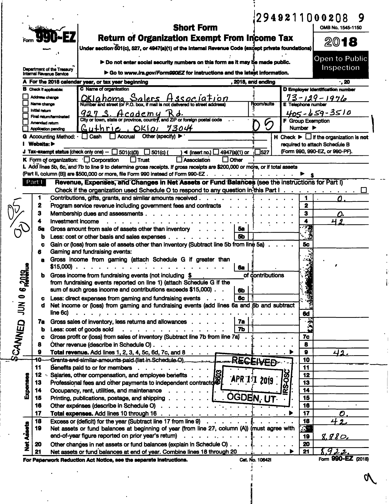 Image of first page of 2018 Form 990EO for Oklahoma Salers Association
