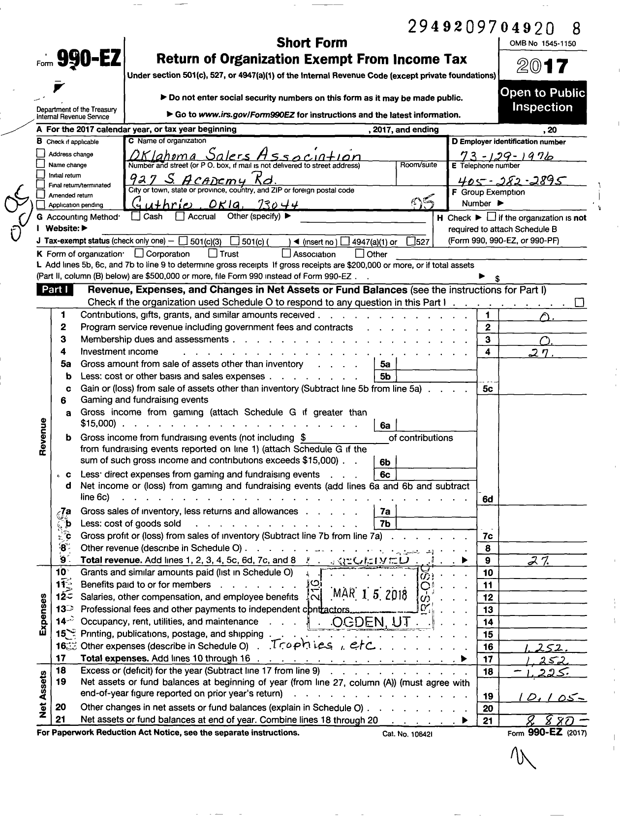 Image of first page of 2017 Form 990EO for Oklahoma Salers Association