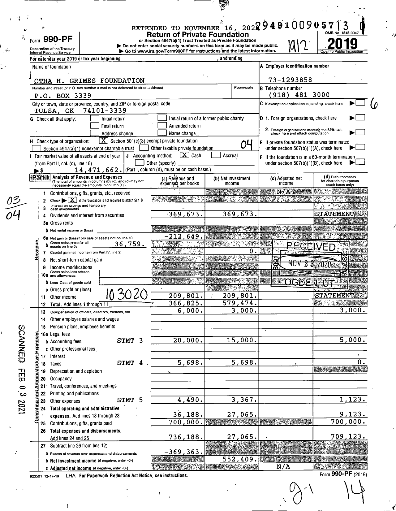 Image of first page of 2019 Form 990PF for Otha H Grimes Foundation