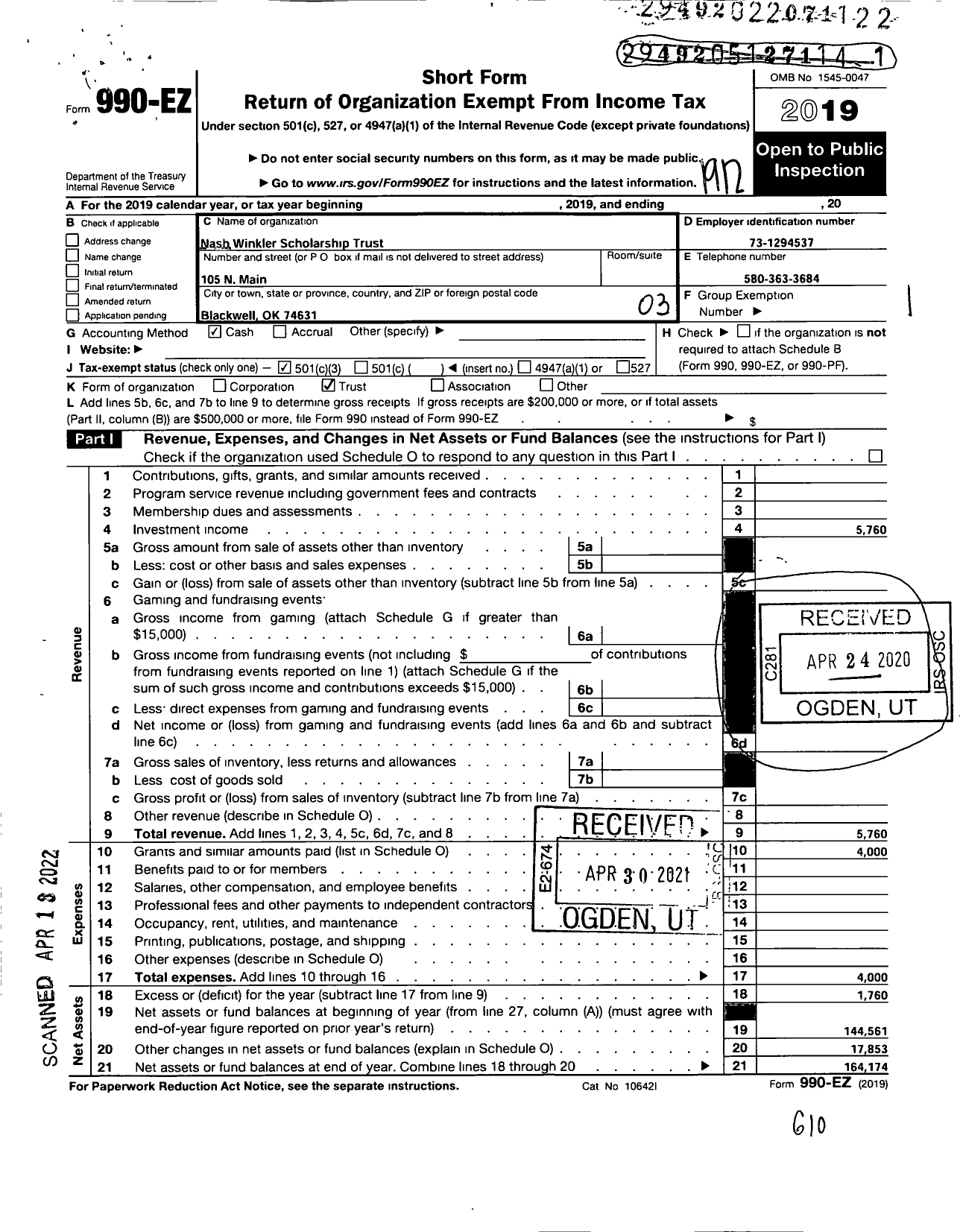 Image of first page of 2019 Form 990EZ for Wyatt A and Lorene Nash Winkler Scholarship Trust