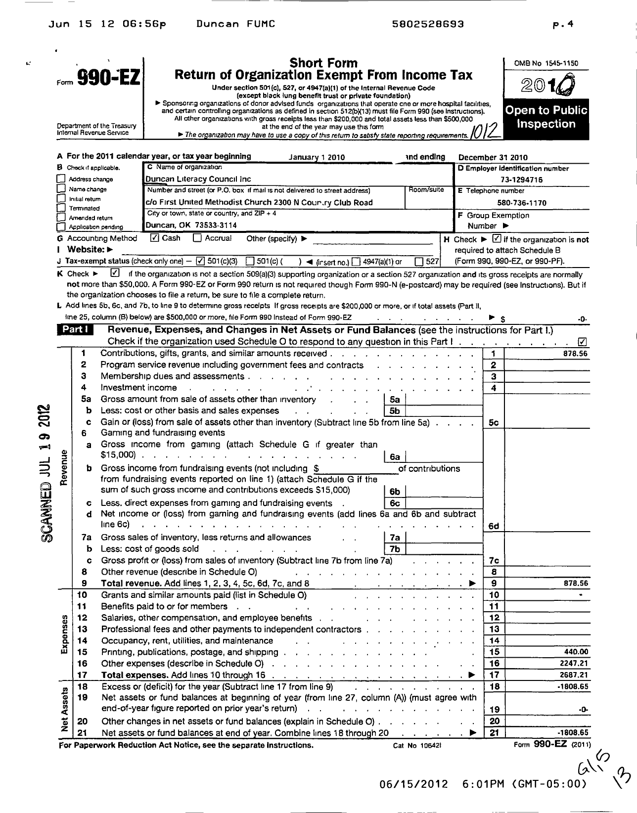 Image of first page of 2010 Form 990EZ for Duncan Literacy Council Incorporated