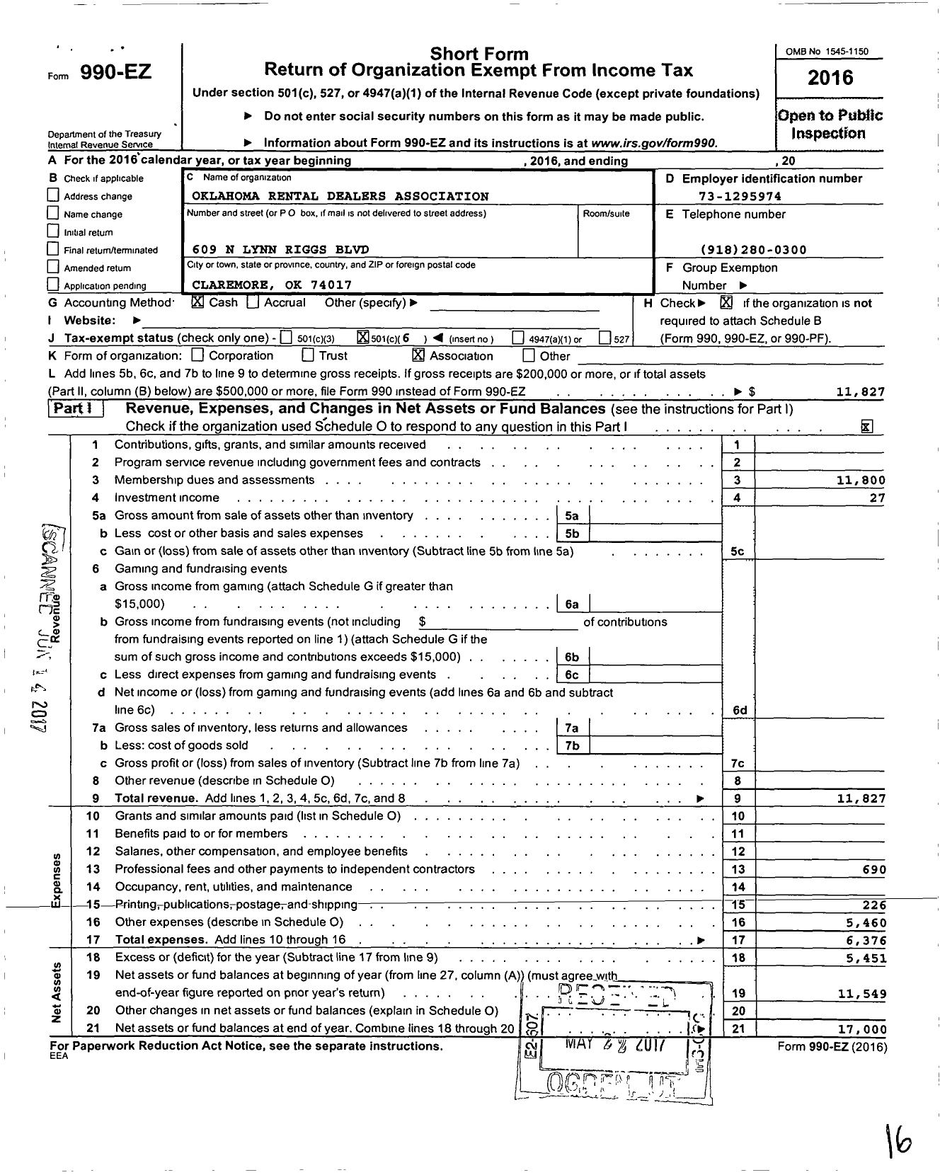 Image of first page of 2016 Form 990EO for Oklahoma Rental Dealers Association