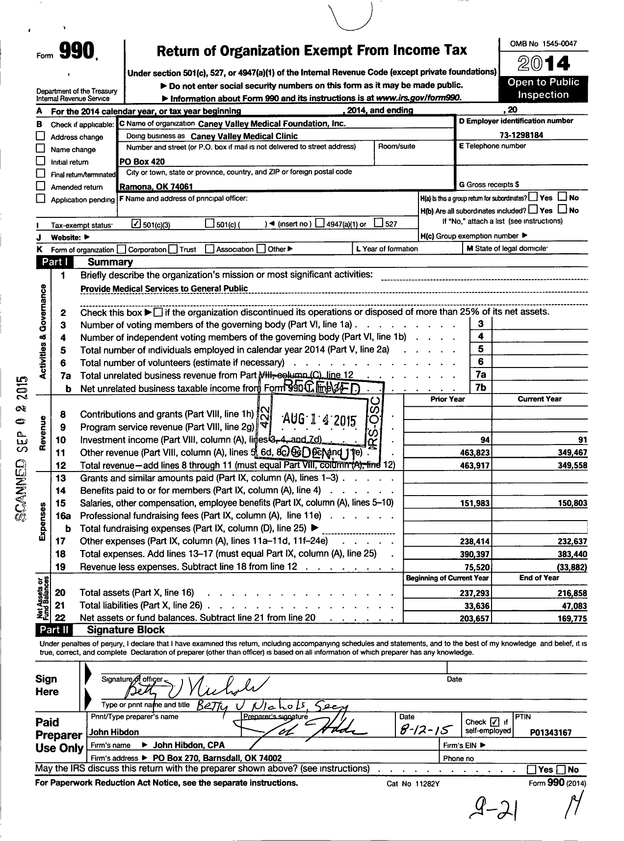 Image of first page of 2014 Form 990 for Caney Valley Medical Foundation