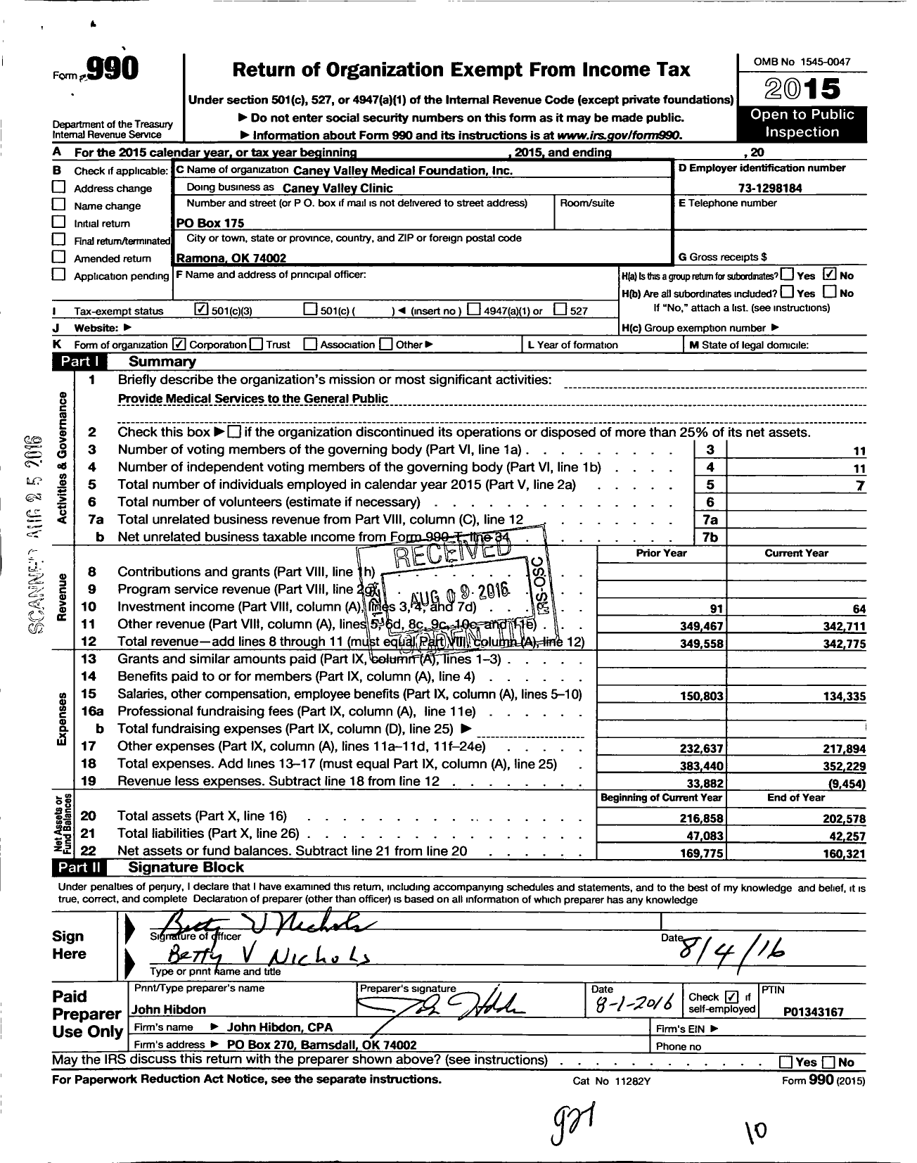 Image of first page of 2015 Form 990 for Caney Valley Medical Foundation