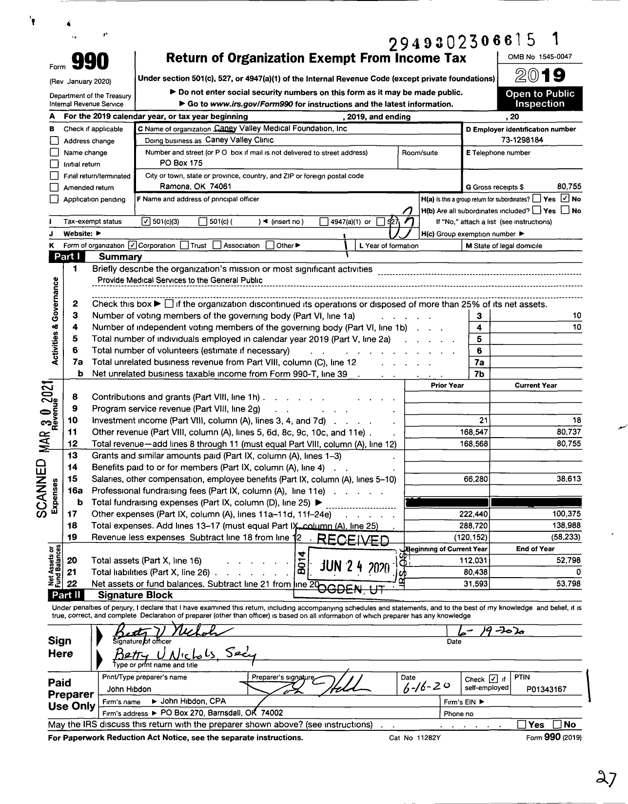 Image of first page of 2019 Form 990 for Caney Valley Medical Foundation