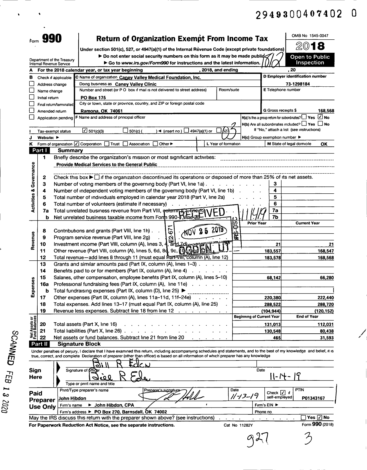 Image of first page of 2018 Form 990 for Caney Valley Medical Foundation