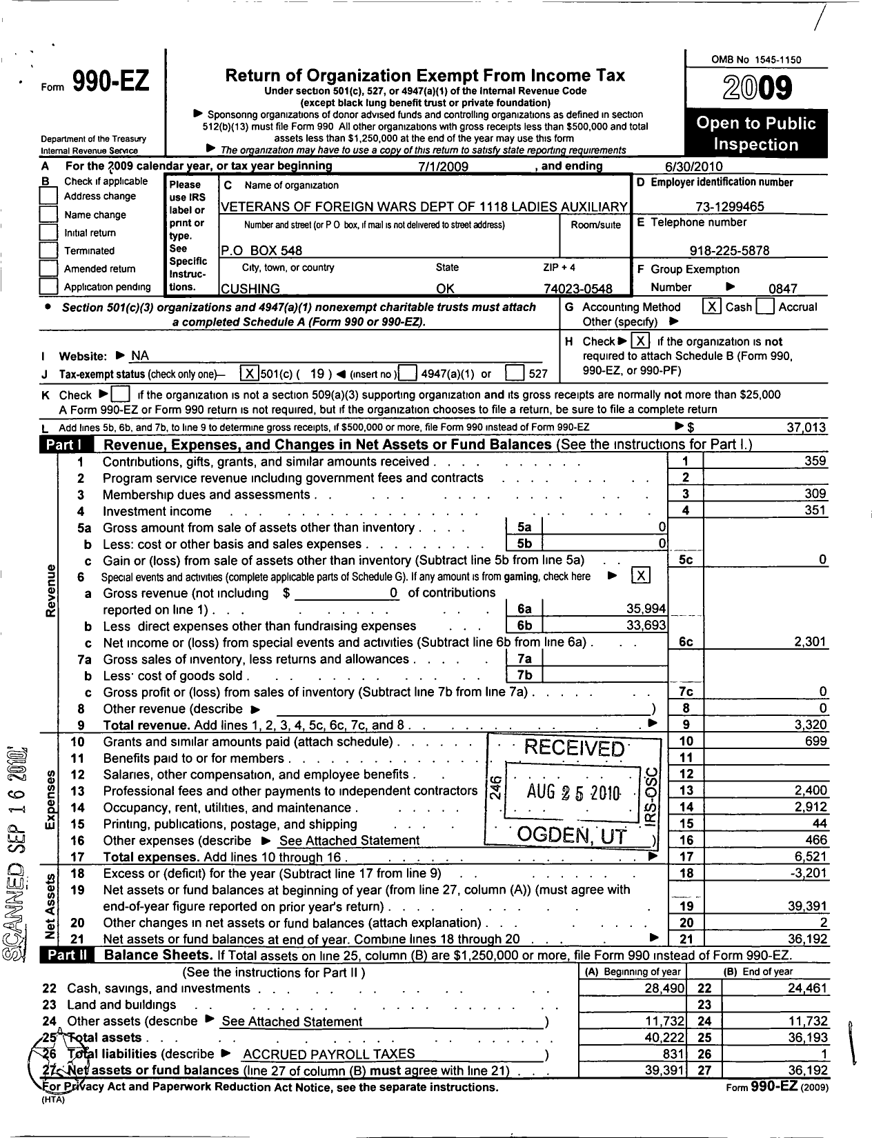 Image of first page of 2009 Form 990EO for VFW Auxiliary Department of Oklahoma - 1118 Mcwhorter-Weston Post