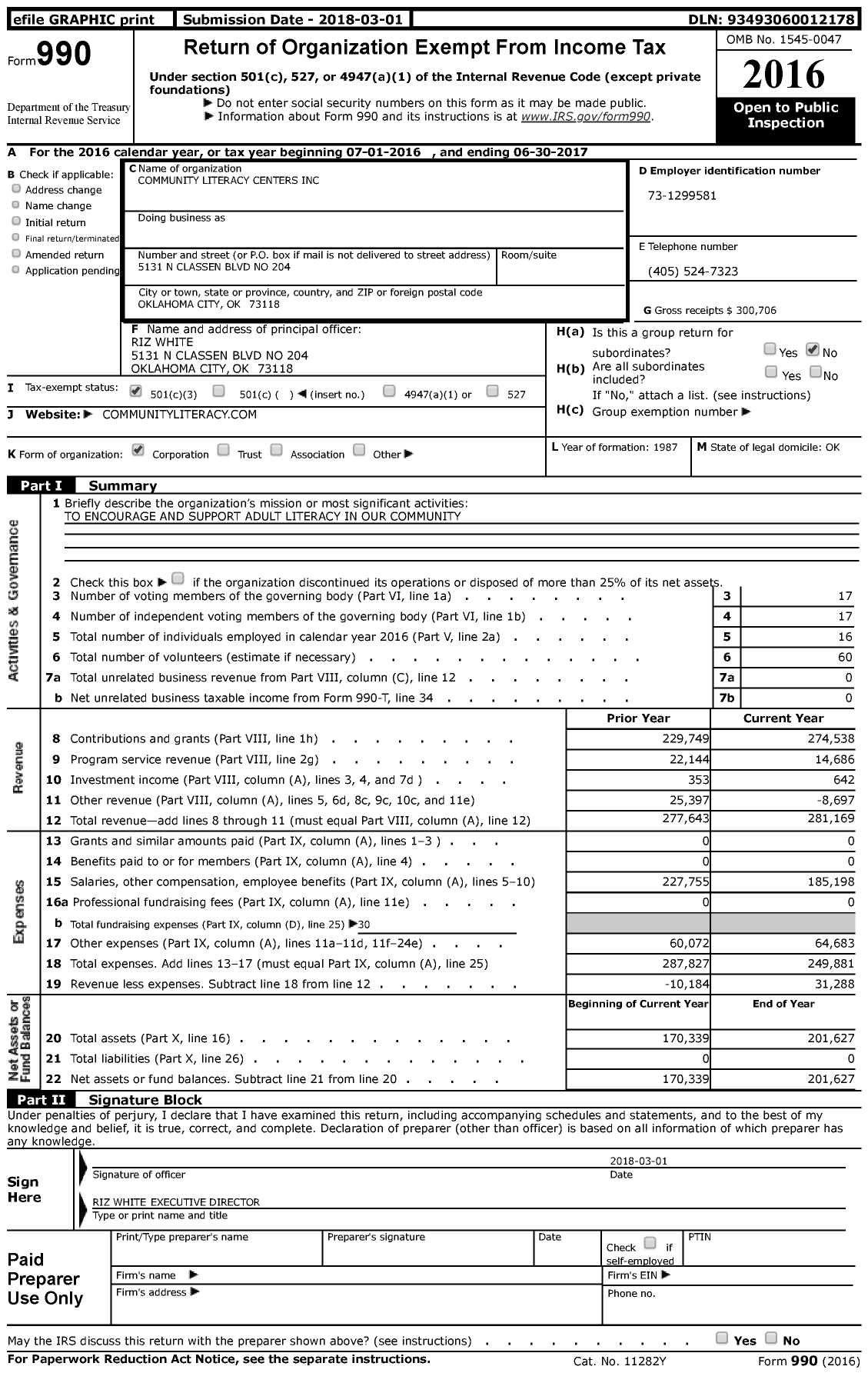 Image of first page of 2016 Form 990 for Community Literacy Centers