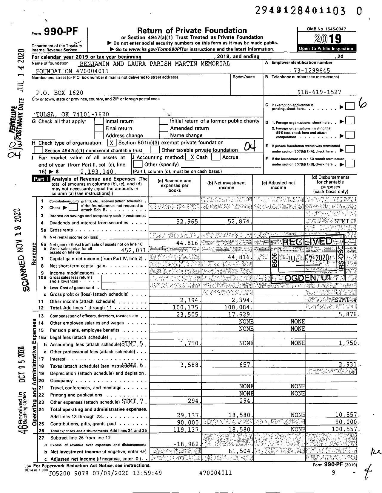 Image of first page of 2019 Form 990PF for Benjamin and Laura Parish Martin Memorial