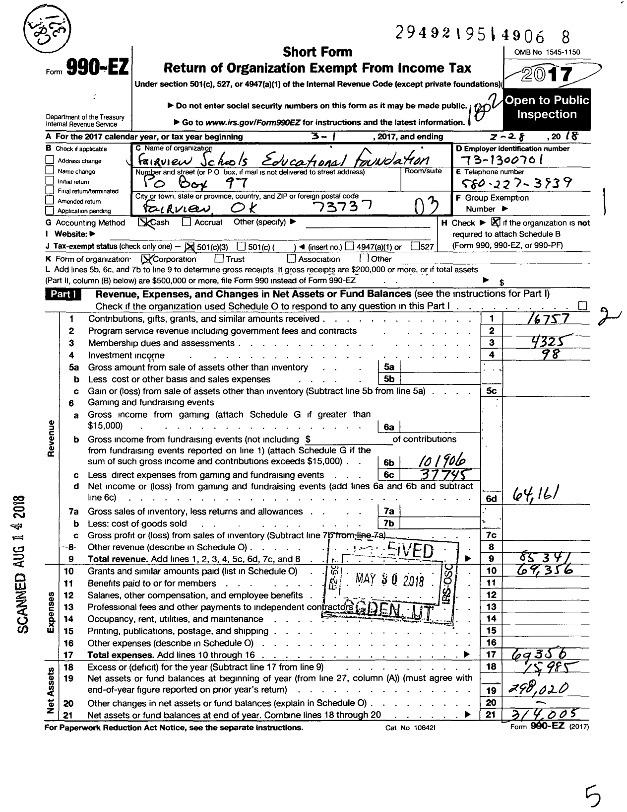 Image of first page of 2017 Form 990EZ for Fairview School Educational Foundation