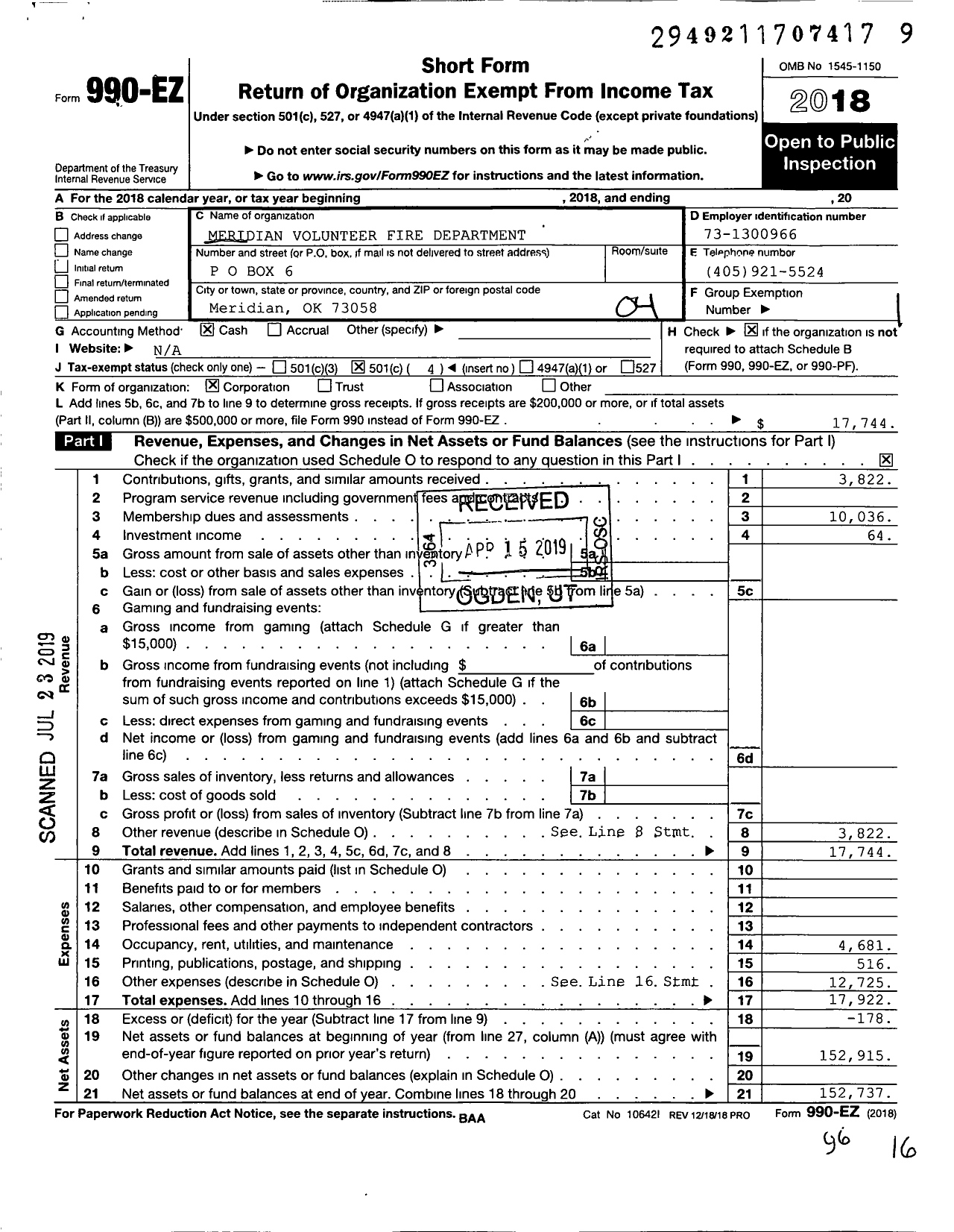 Image of first page of 2018 Form 990EO for Meridian Volunteer Fire Department