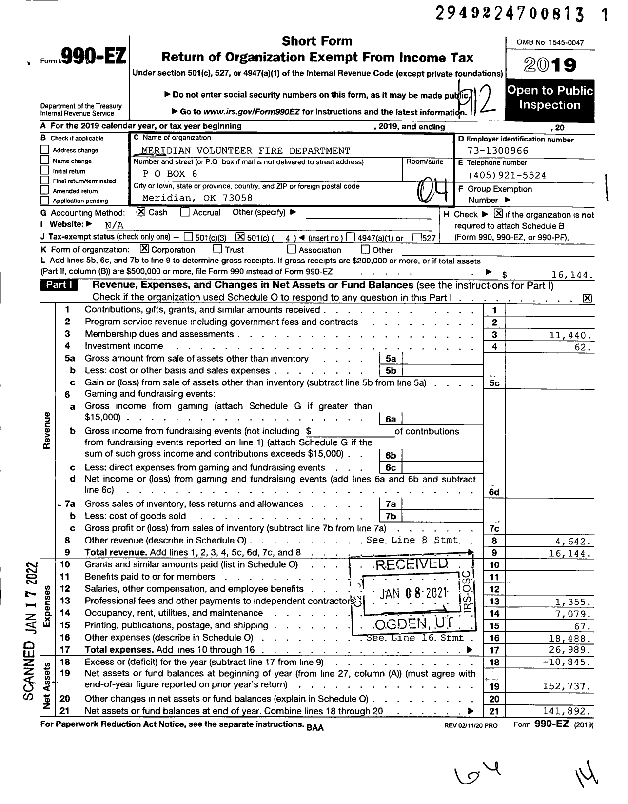 Image of first page of 2019 Form 990EO for Meridian Volunteer Fire Department