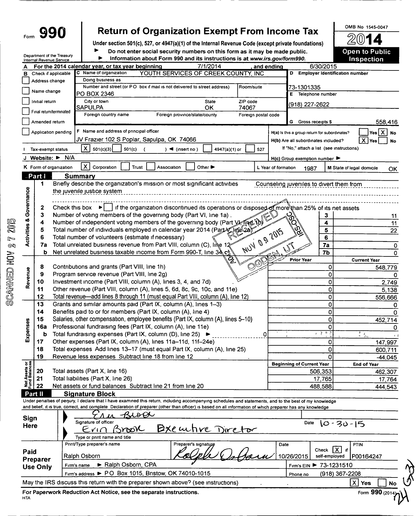 Image of first page of 2014 Form 990 for Youth Services of Creek County