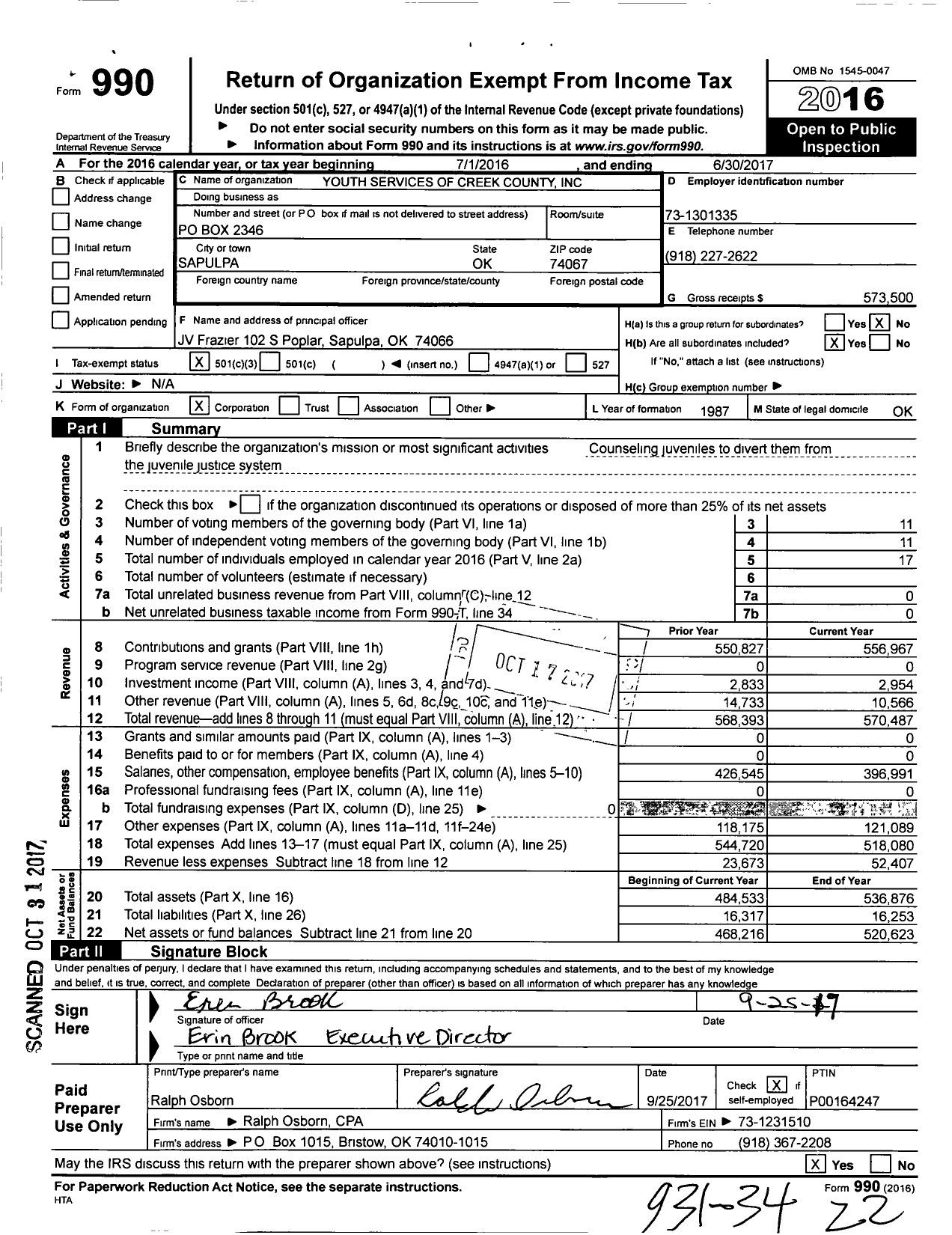 Image of first page of 2016 Form 990 for Youth Services of Creek County