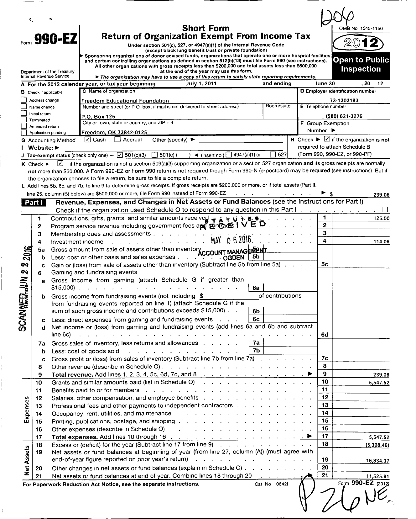 Image of first page of 2011 Form 990EZ for Freedom Educational Foundation