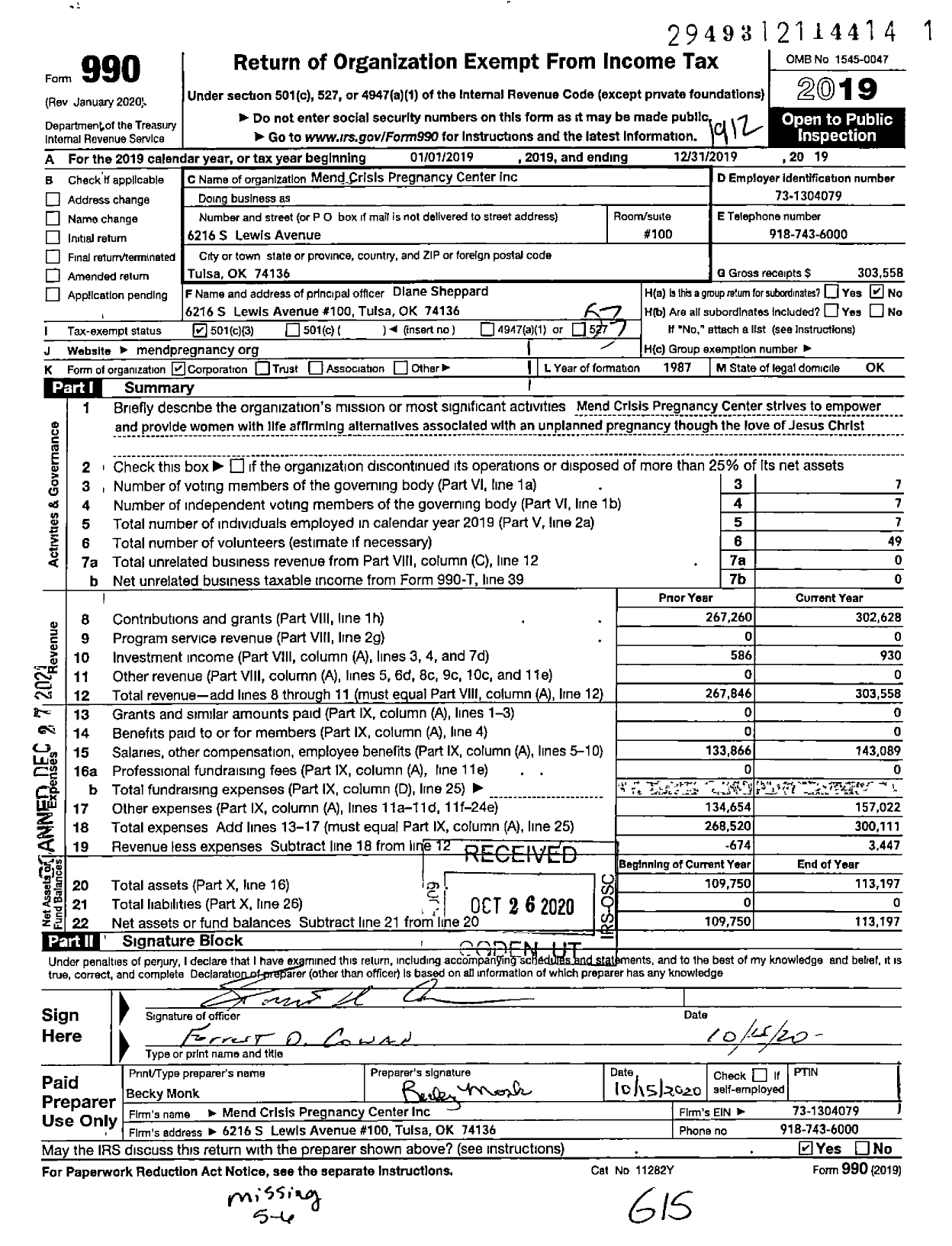 Image of first page of 2019 Form 990 for Mend Medical Services