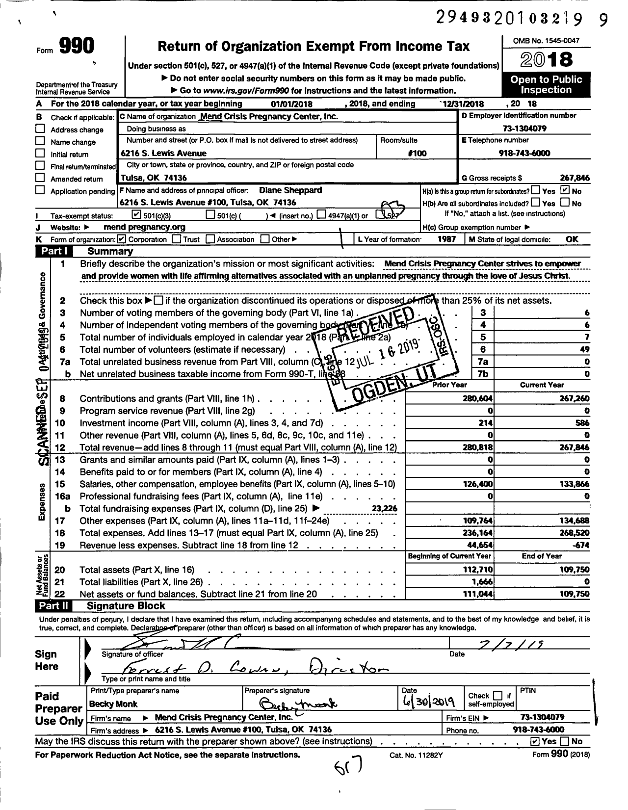 Image of first page of 2018 Form 990 for Mend Medical Services