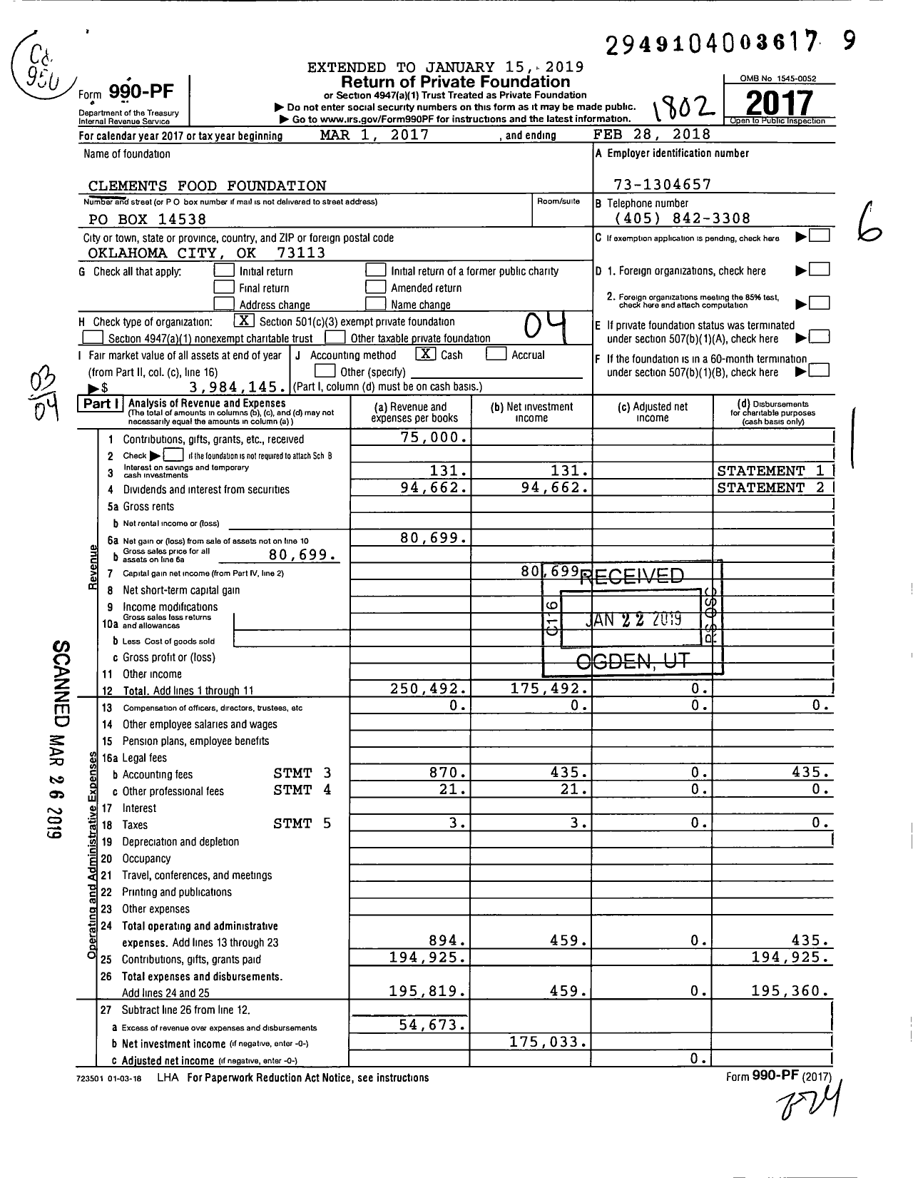 Image of first page of 2017 Form 990PF for Clements Foods Foundation