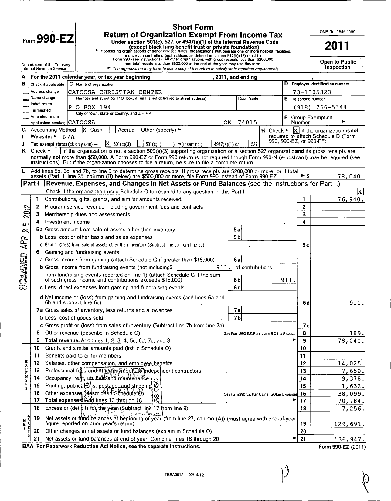 Image of first page of 2011 Form 990EZ for Catoosa Christian Center