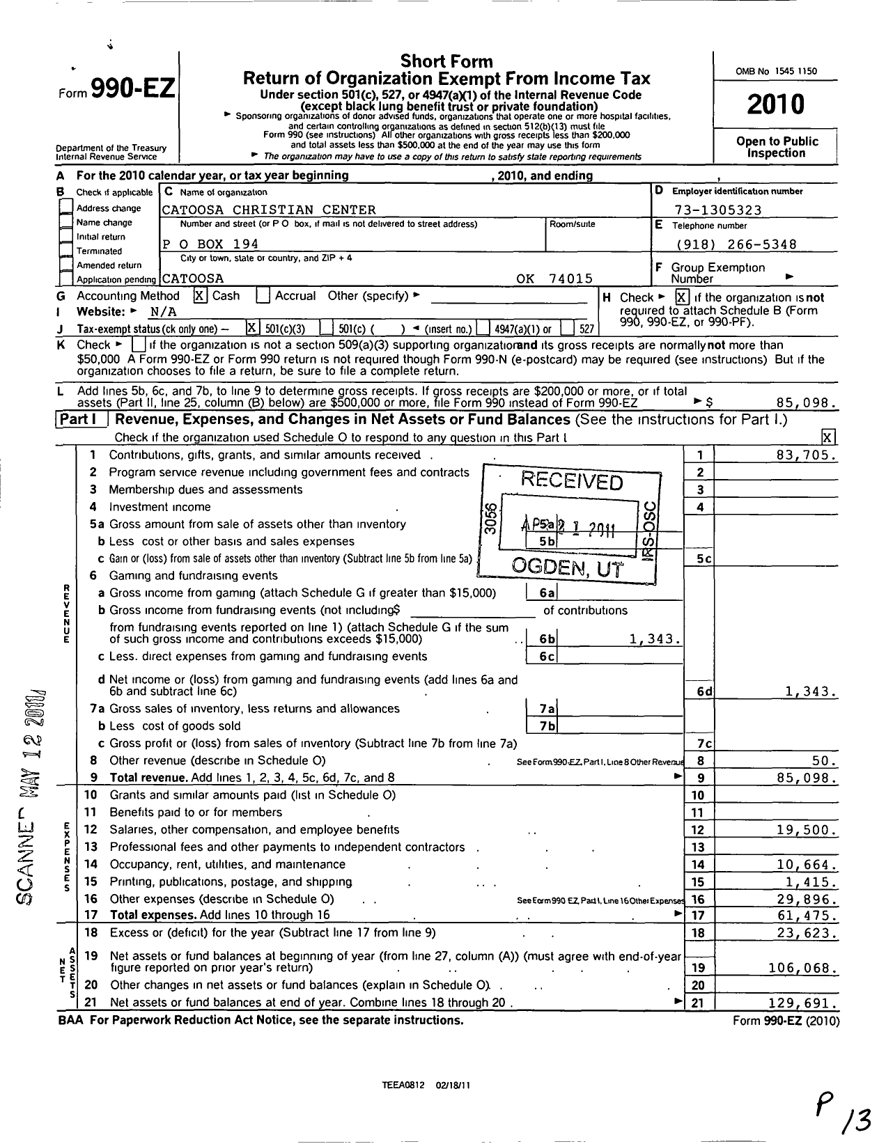 Image of first page of 2010 Form 990EZ for Catoosa Christian Center