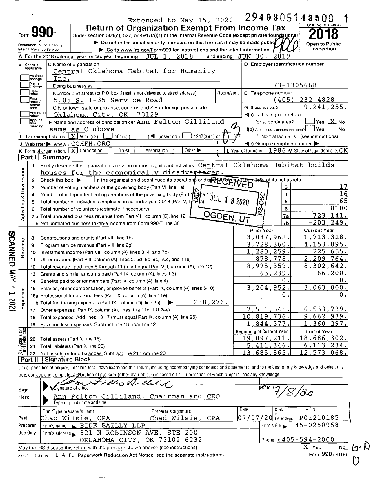 Image of first page of 2018 Form 990 for Central Oklahoma Habitat for Humanity