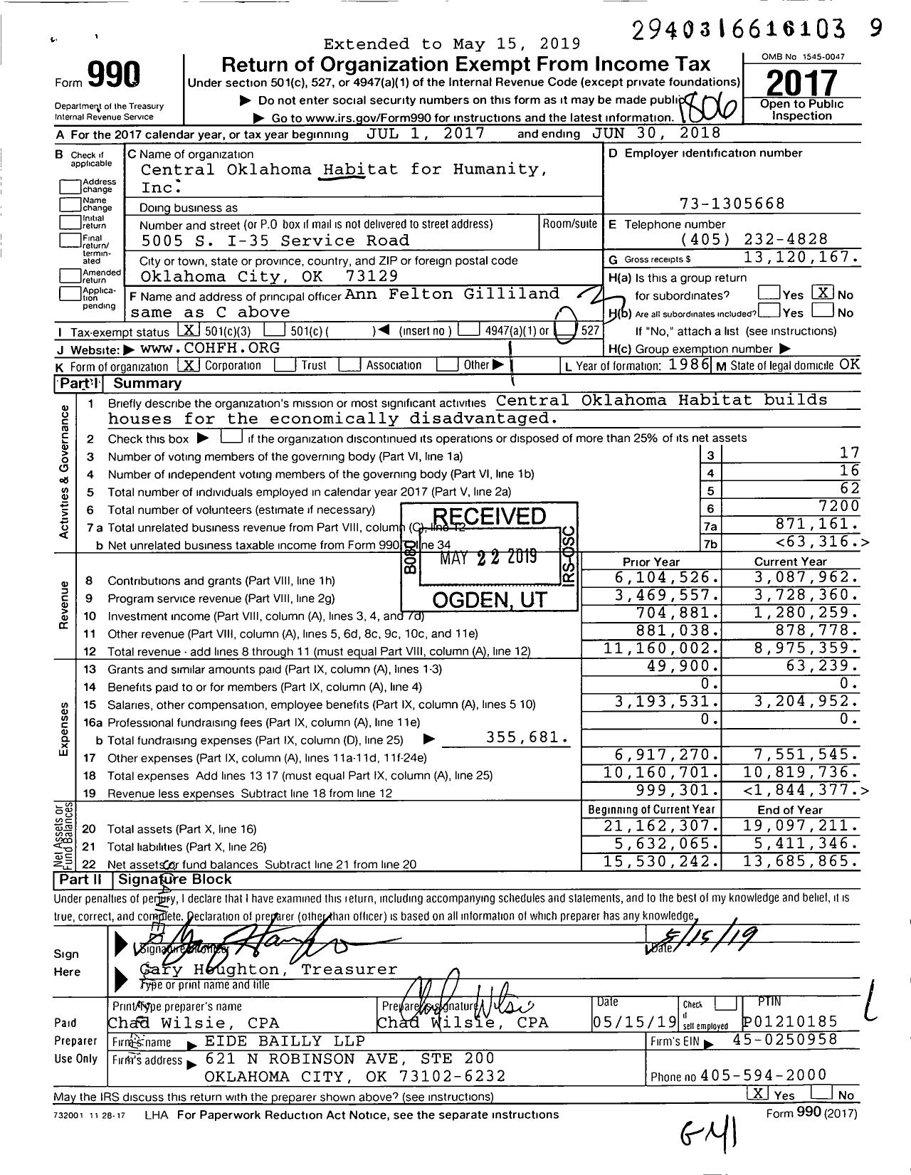 Image of first page of 2017 Form 990 for Central Oklahoma Habitat for Humanity