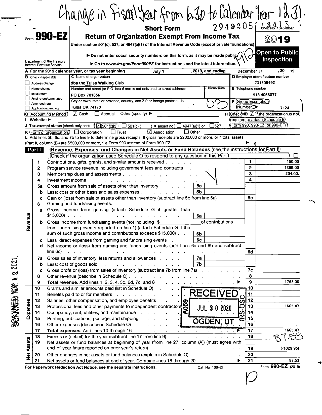 Image of first page of 2019 Form 990EZ for American Volkssport Association - Ava 0291 Tulsa Walking Club