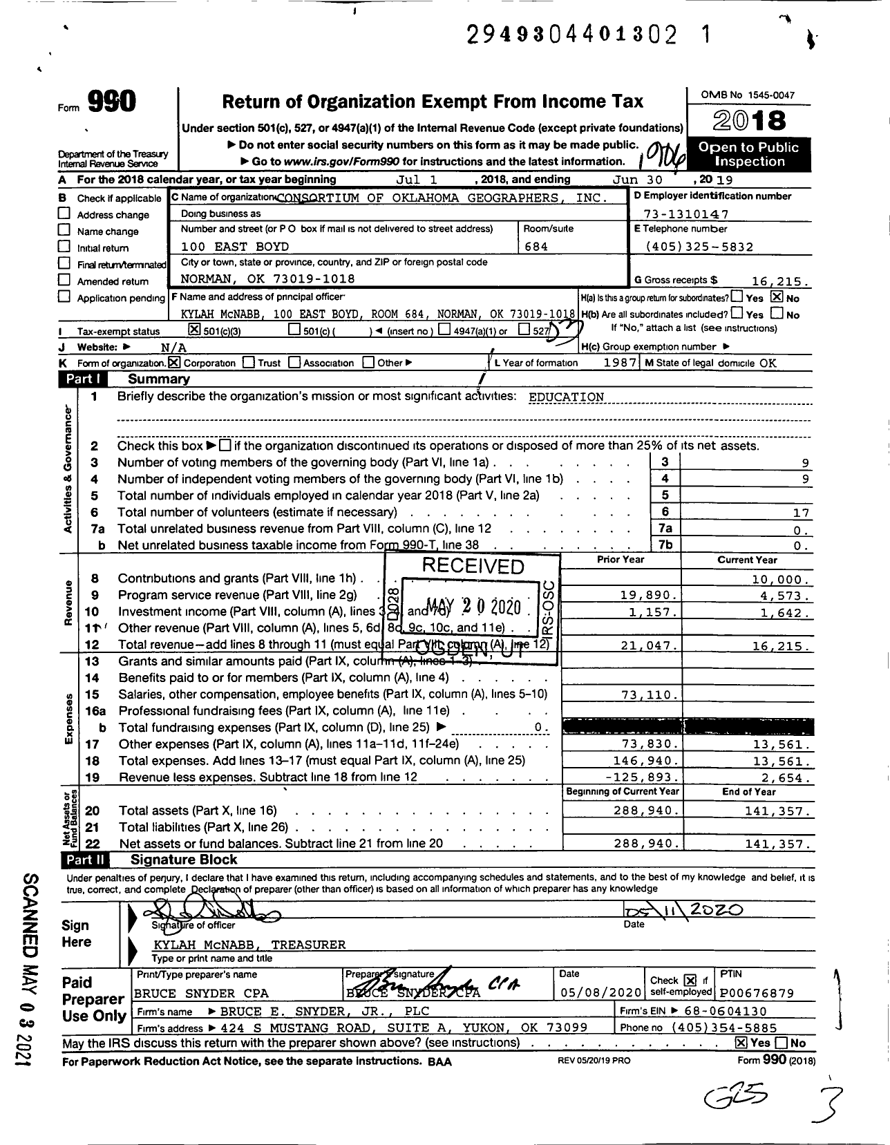 Image of first page of 2018 Form 990 for Consortium of Oklahoma Geographers