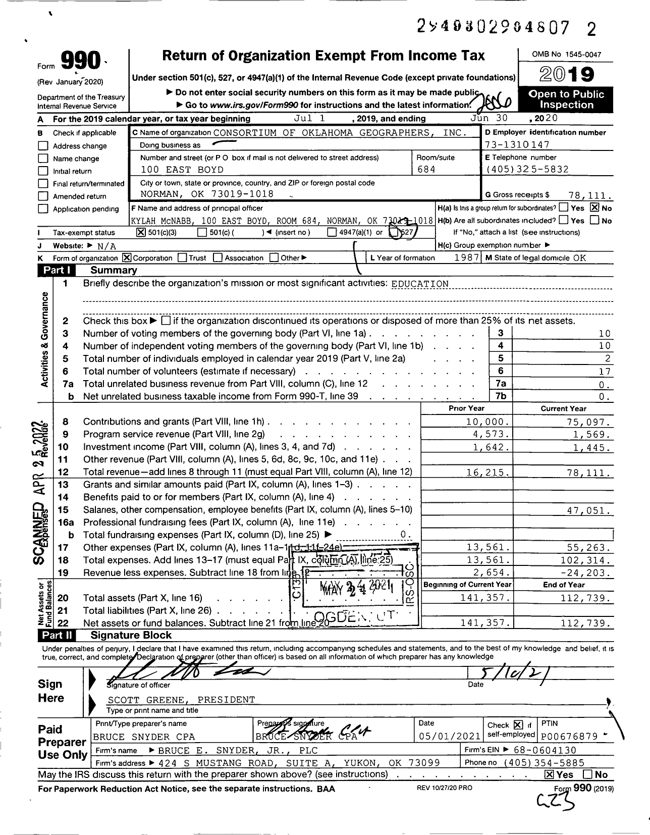 Image of first page of 2019 Form 990 for Consortium of Oklahoma Geographers