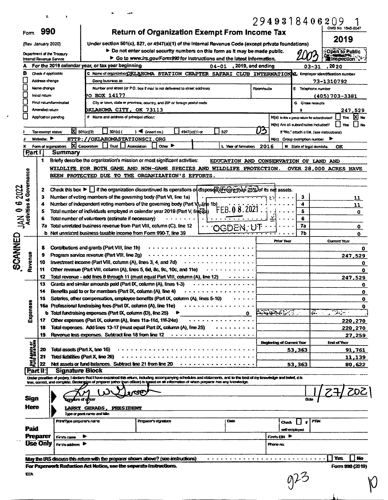 Image of first page of 2019 Form 990 for Oklahoma Station Chapter Safari Club International