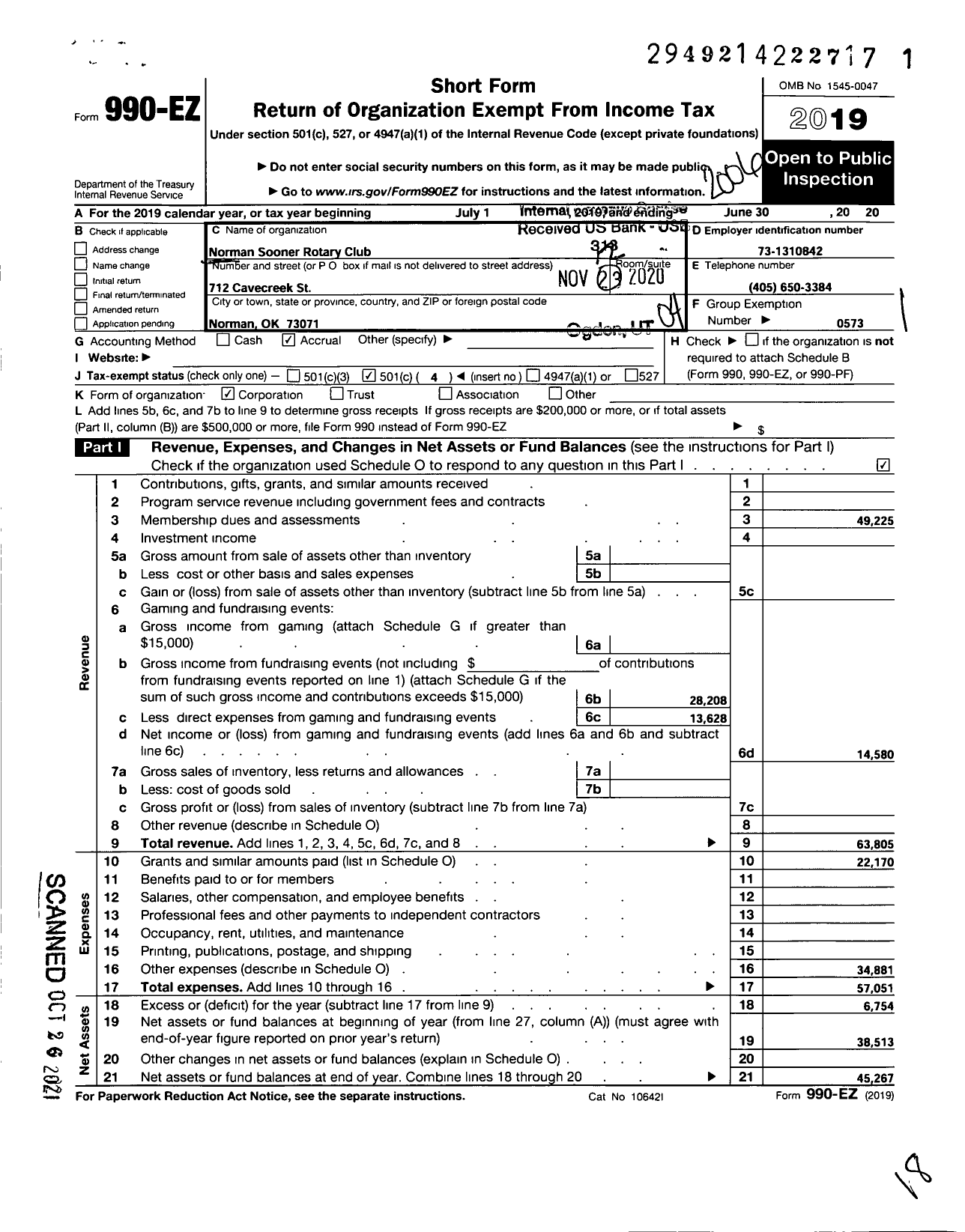 Image of first page of 2019 Form 990EO for ROTARY INTERNATIONAL - Norman-Sooner ROTARY Club