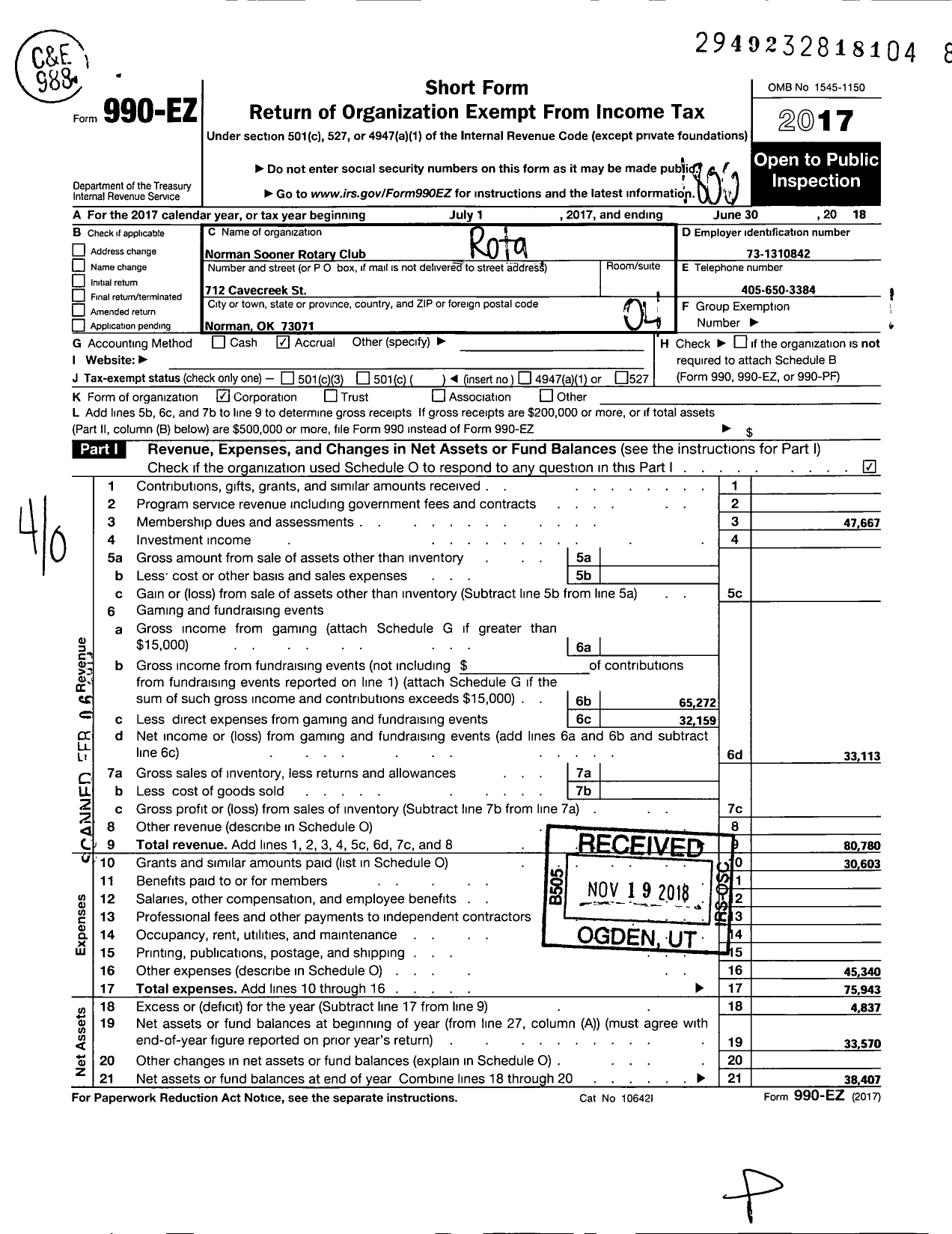 Image of first page of 2017 Form 990EO for ROTARY INTERNATIONAL - Norman-Sooner ROTARY Club