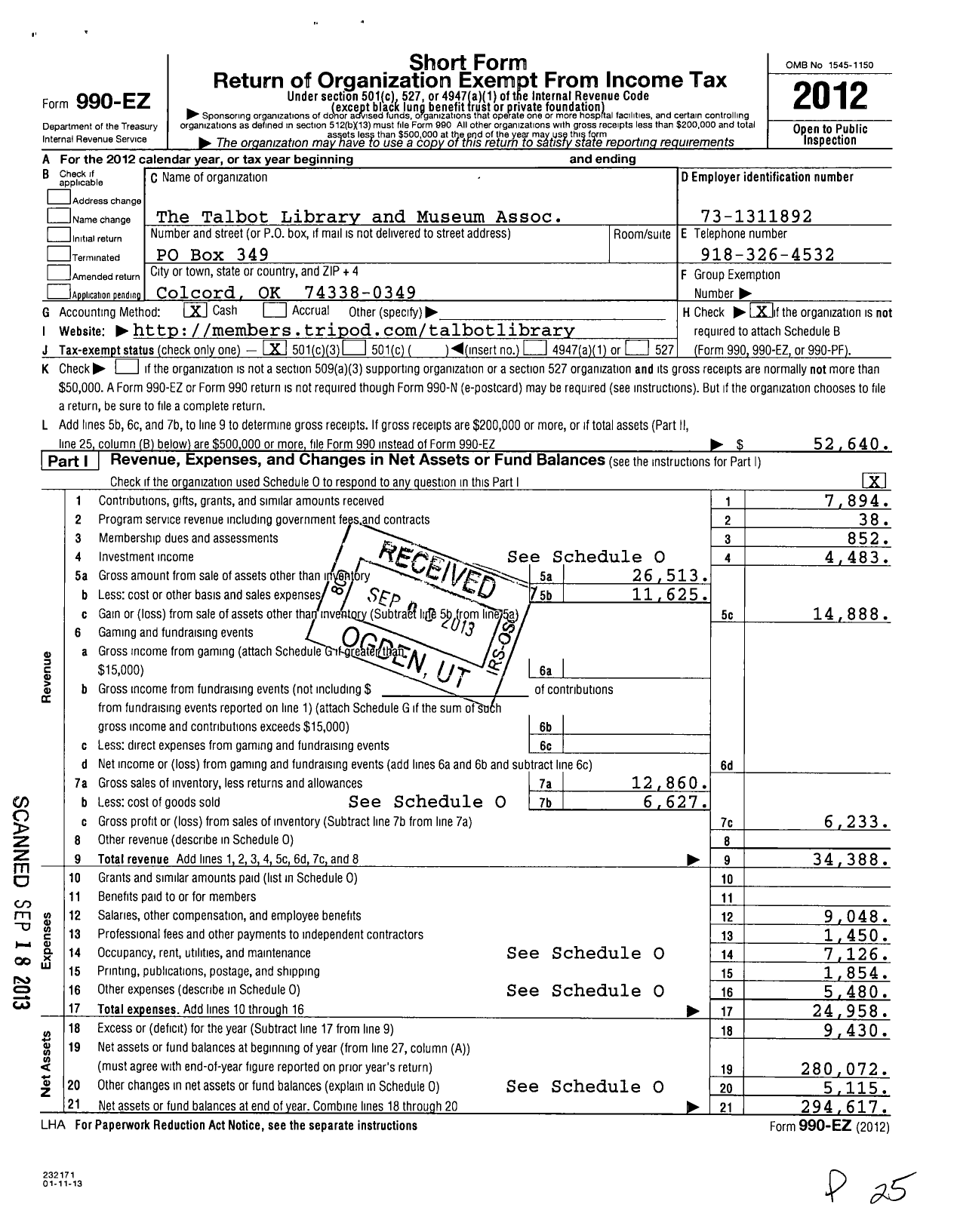 Image of first page of 2012 Form 990EZ for The Talbot Library and Museum Association