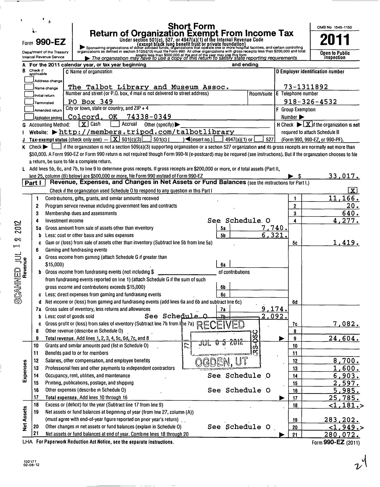 Image of first page of 2011 Form 990EZ for The Talbot Library and Museum Association