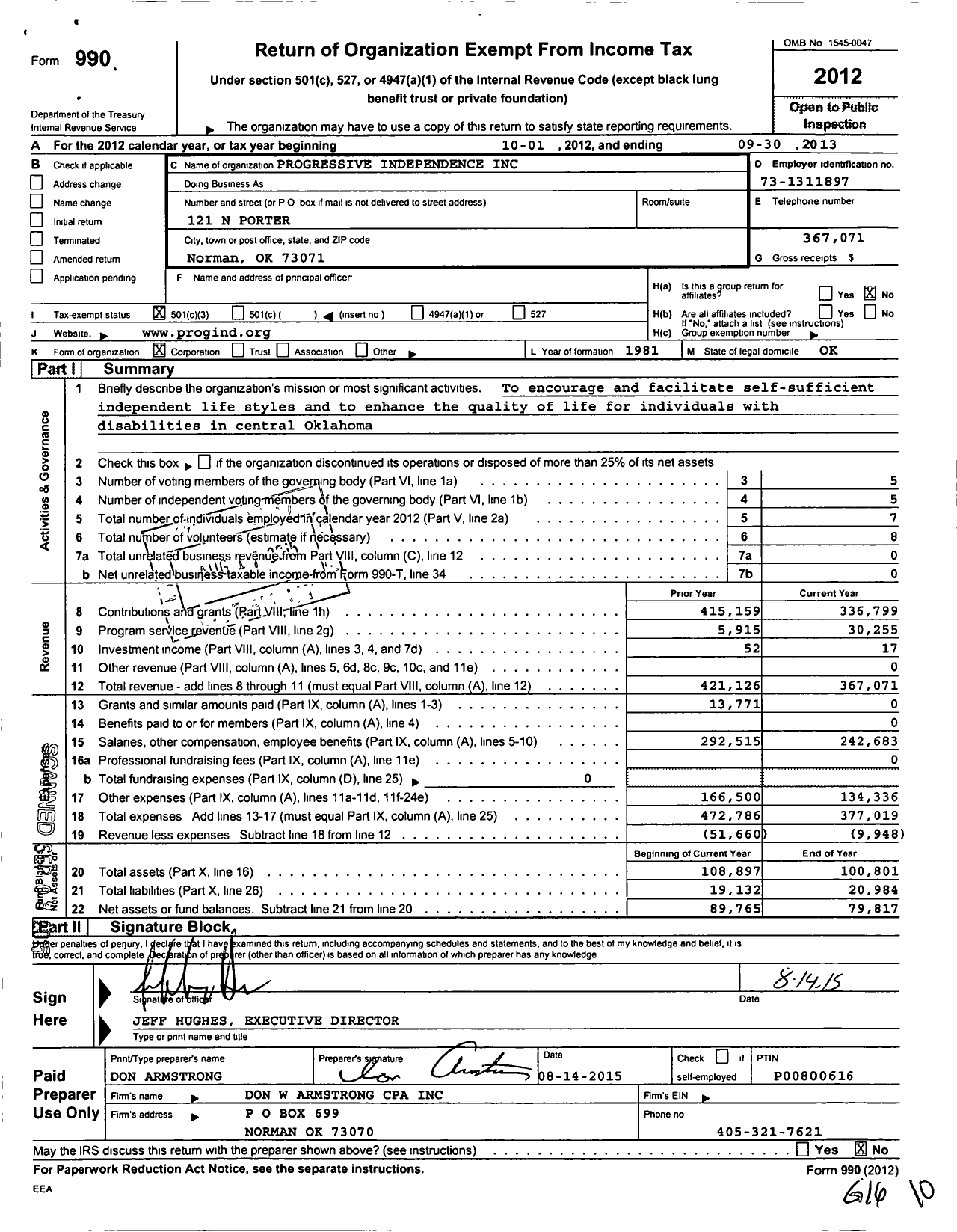 Image of first page of 2012 Form 990 for Progressive Independence