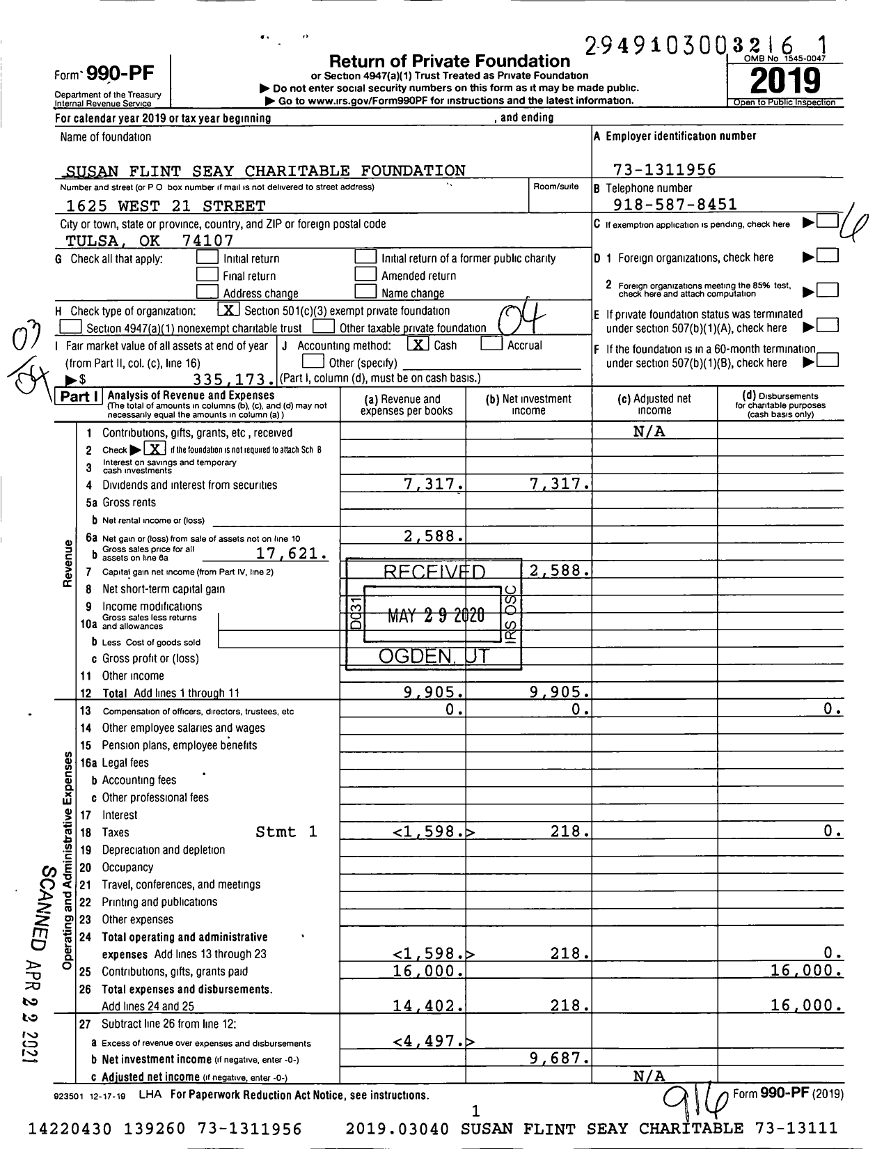 Image of first page of 2019 Form 990PF for Susan Flint Seay Charitable Foundation