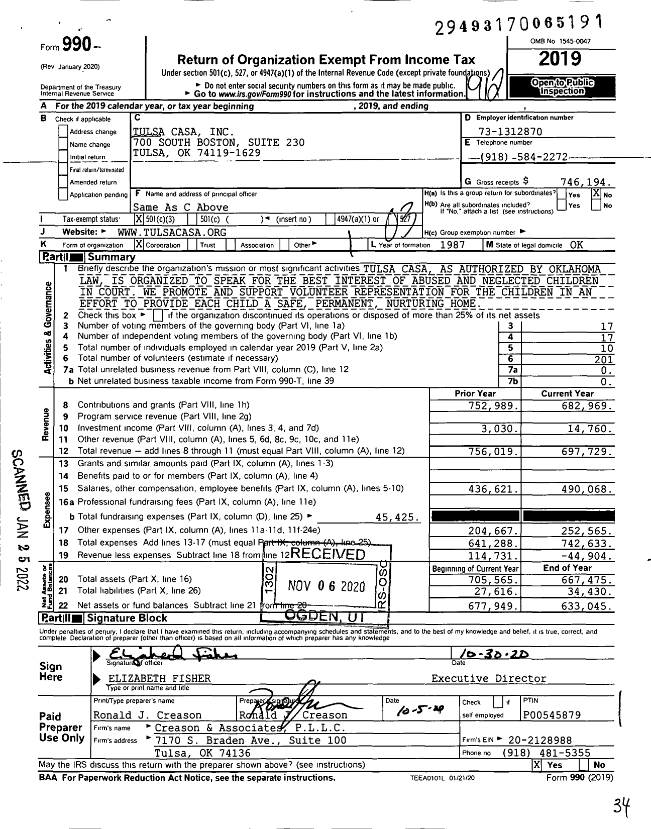 Image of first page of 2019 Form 990 for Tulsa Casa