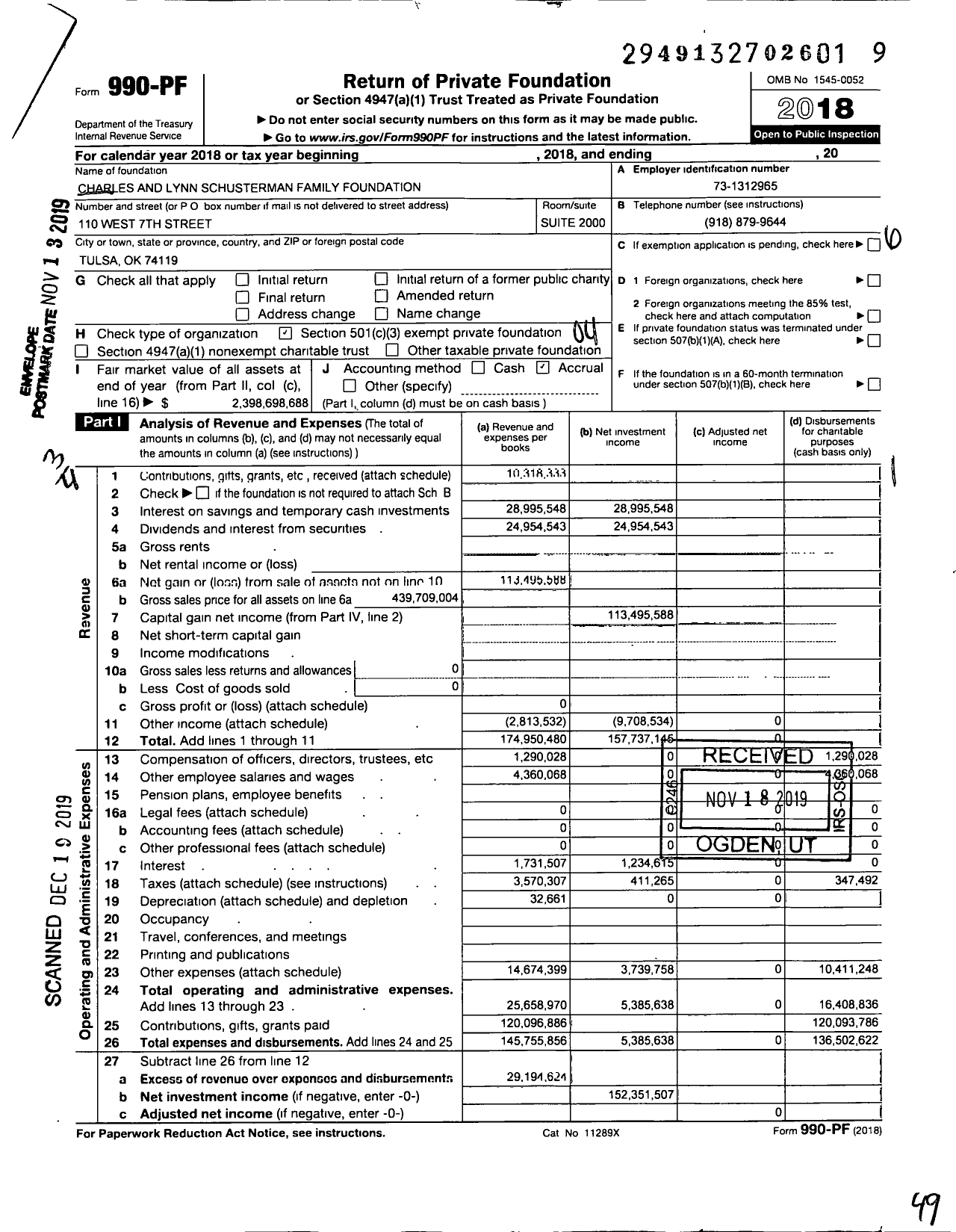 Image of first page of 2018 Form 990PF for Charles and Lynn Schusterman Family Philanthropies (SFP)