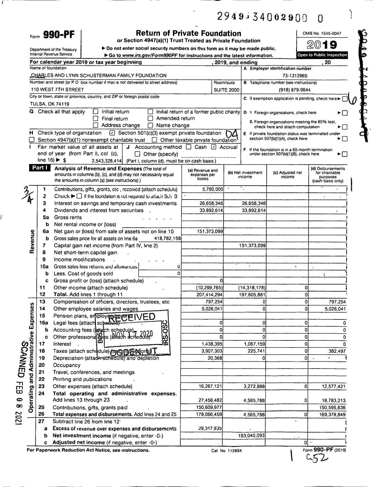 Image of first page of 2019 Form 990PF for Charles and Lynn Schusterman Family Philanthropies (SFP)