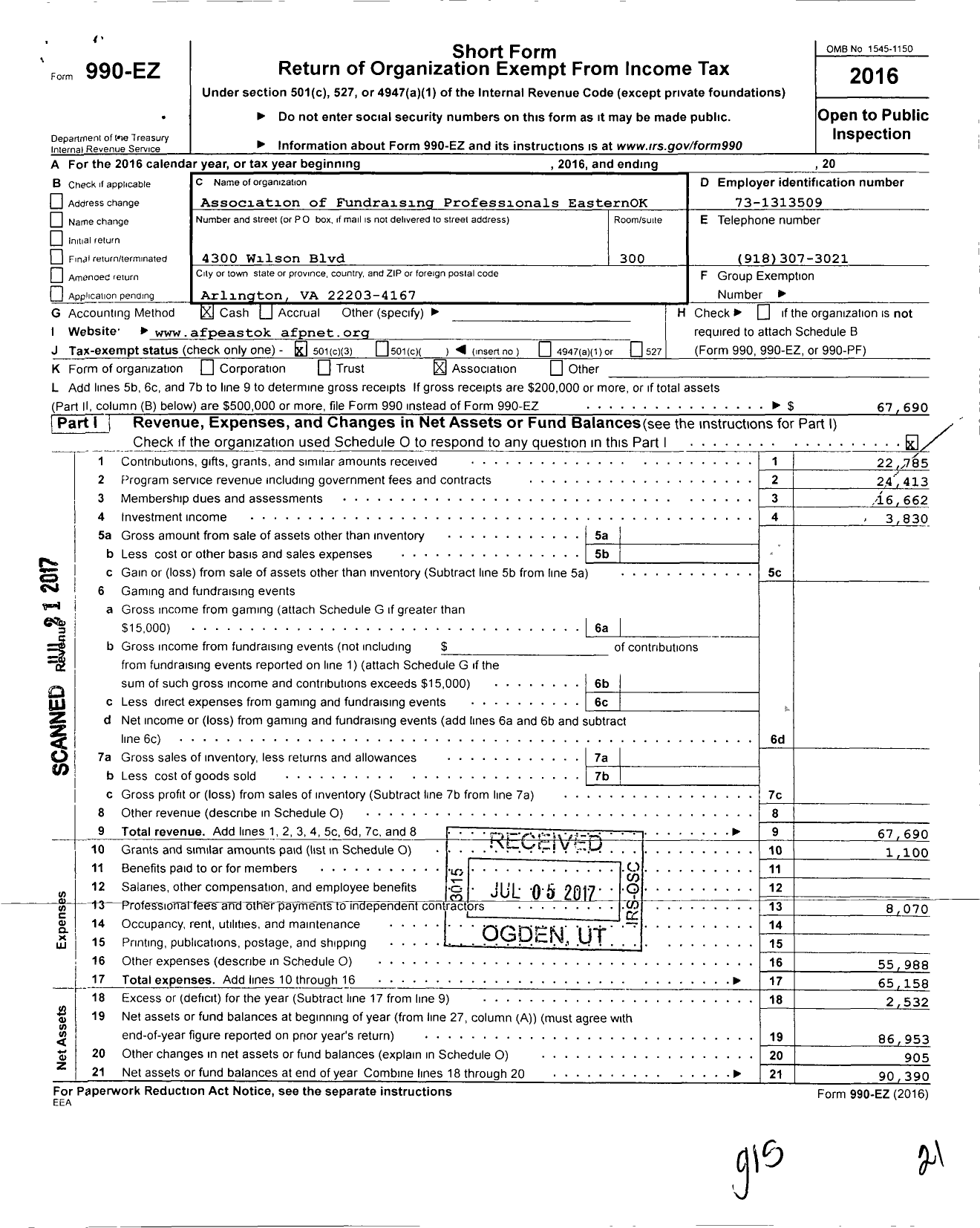 Image of first page of 2016 Form 990EZ for Association OF Fundraising PROFESSIONALS