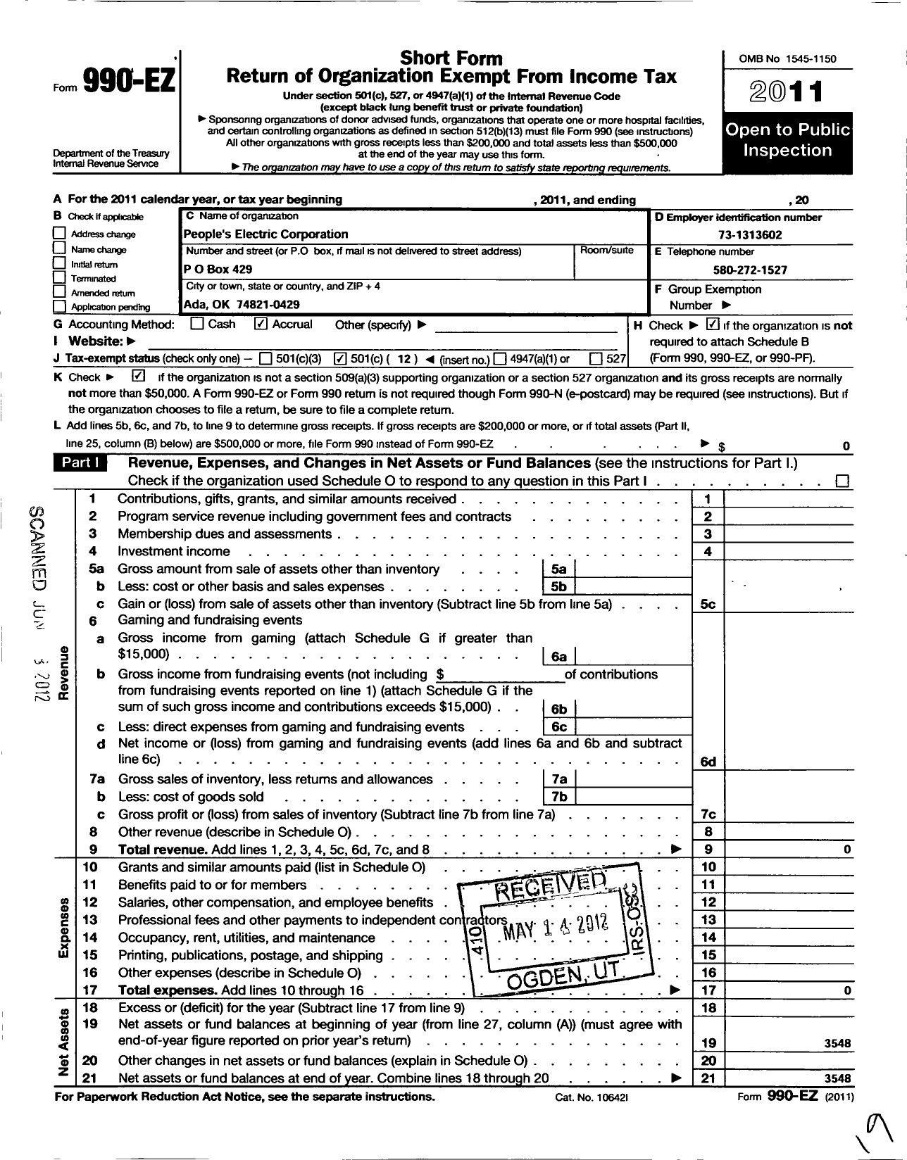 Image of first page of 2011 Form 990EO for Peoples Electric Corporation