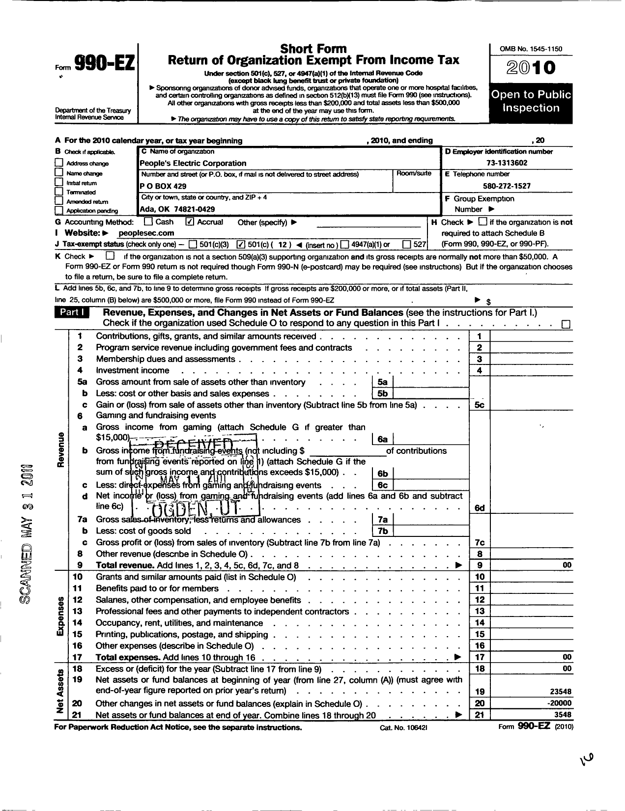 Image of first page of 2010 Form 990EO for Peoples Electric Corporation