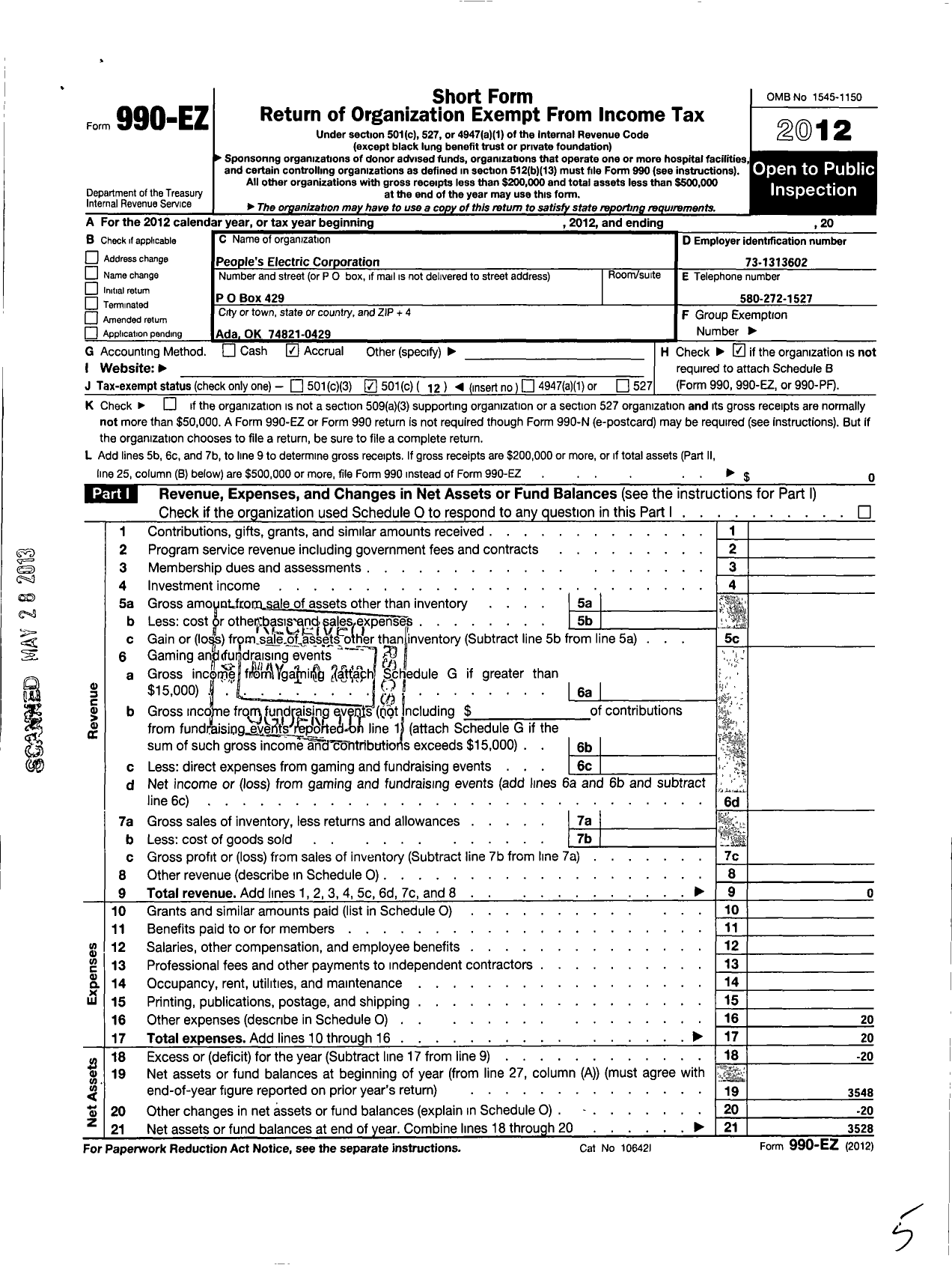 Image of first page of 2012 Form 990EO for Peoples Electric Corporation