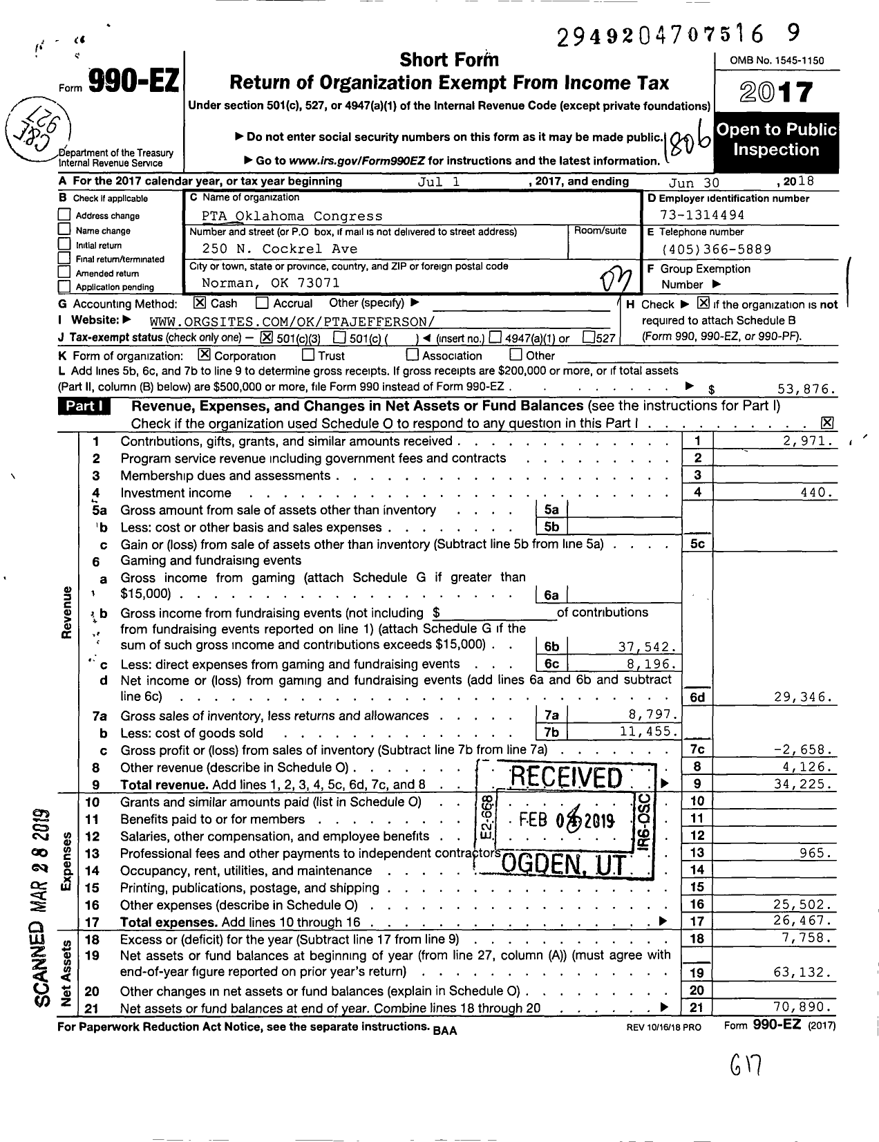 Image of first page of 2017 Form 990EZ for PTA Oklahoma Congress / Jefferson PTA