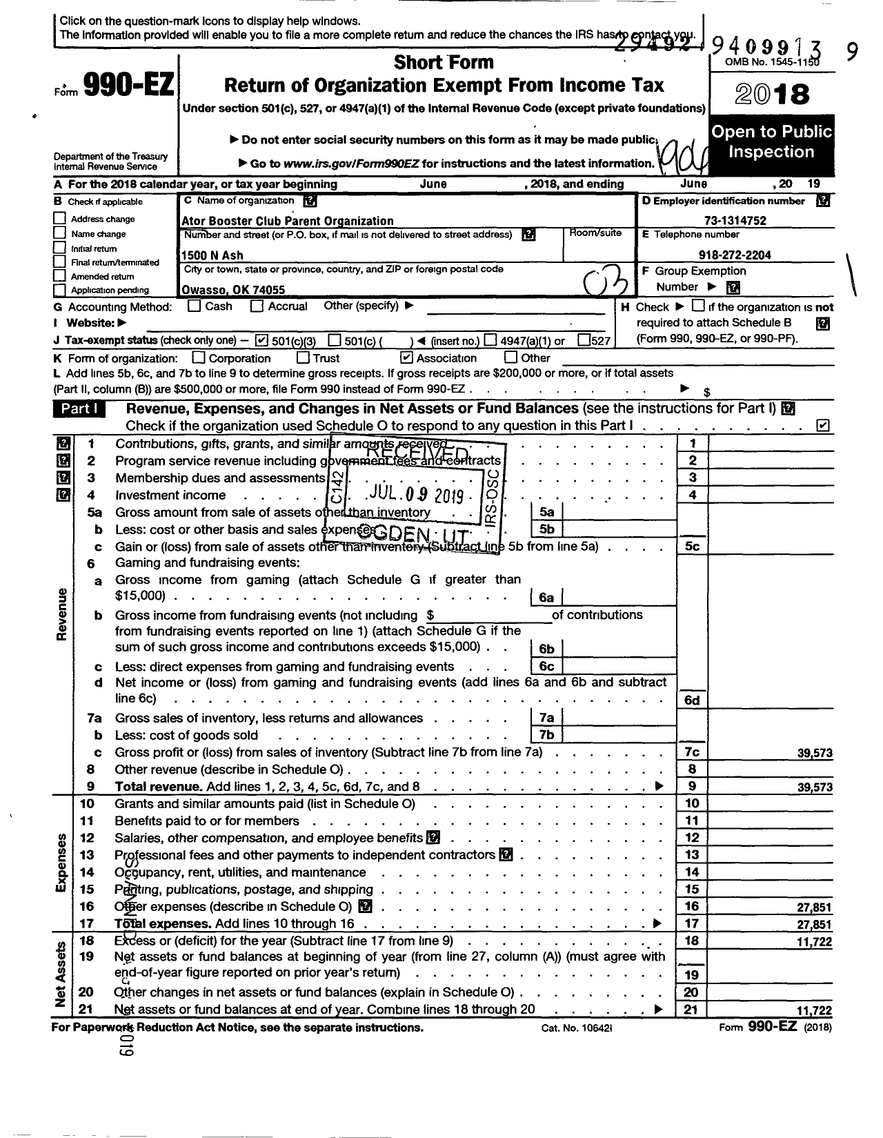 Image of first page of 2018 Form 990EZ for Ator Booster Club