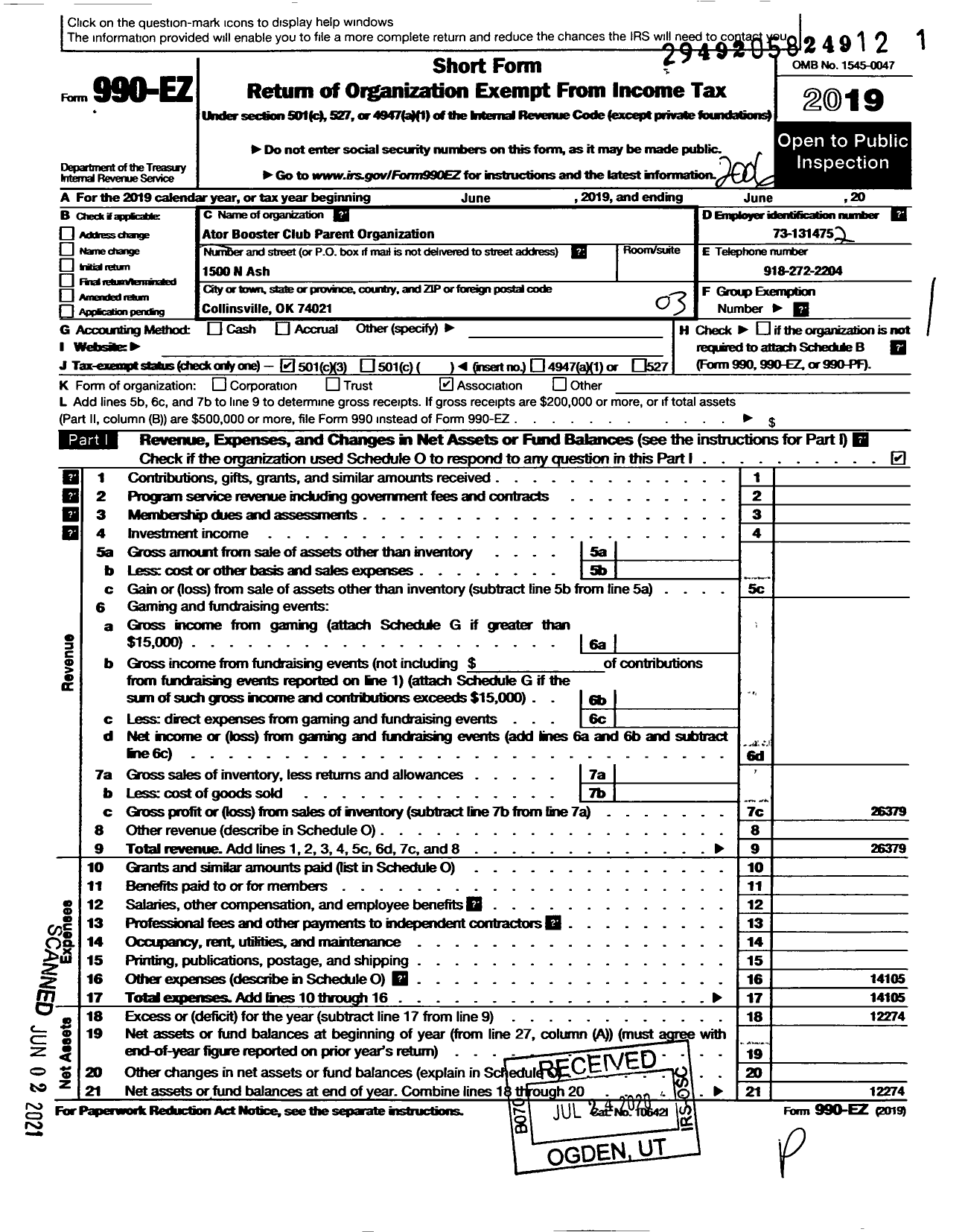 Image of first page of 2019 Form 990EZ for Ator Booster Club