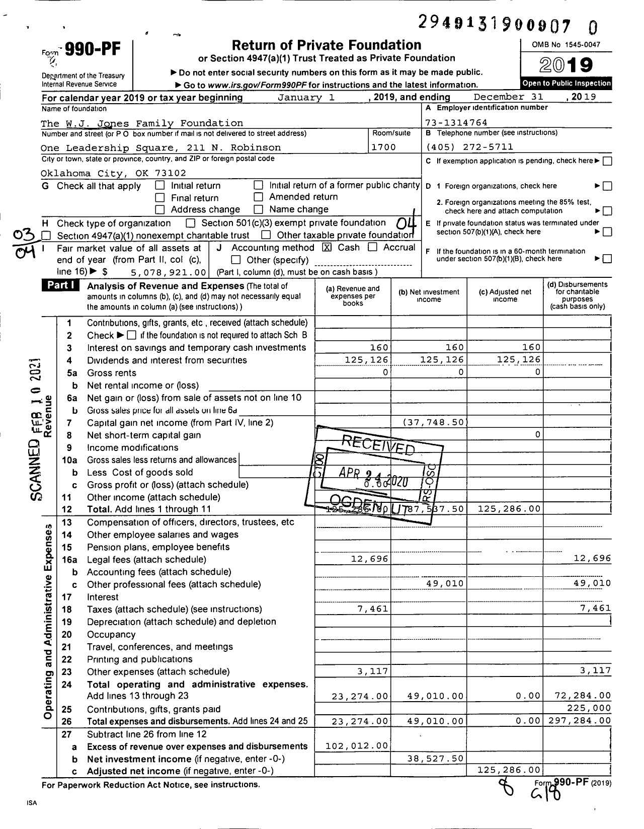 Image of first page of 2019 Form 990PF for The WJ Jones Family Foundation